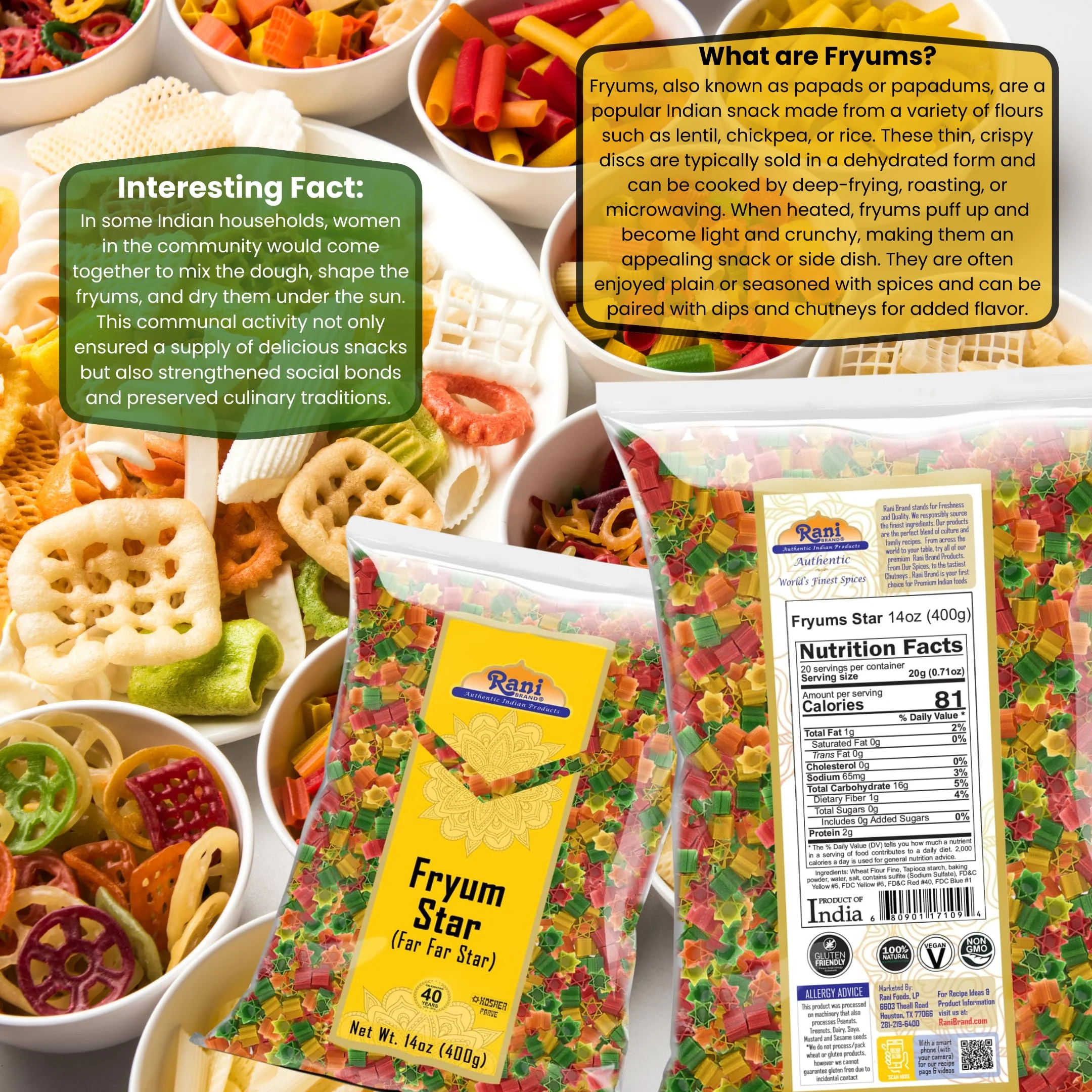 Rani Far Far / Fryums (Wheat & Tapioca Pellet) Star Shape 14oz (400g) ~ Vegan, Kosher, Uncooked, Used to Make Papad, Bhungra / Chip Snack - Image 3