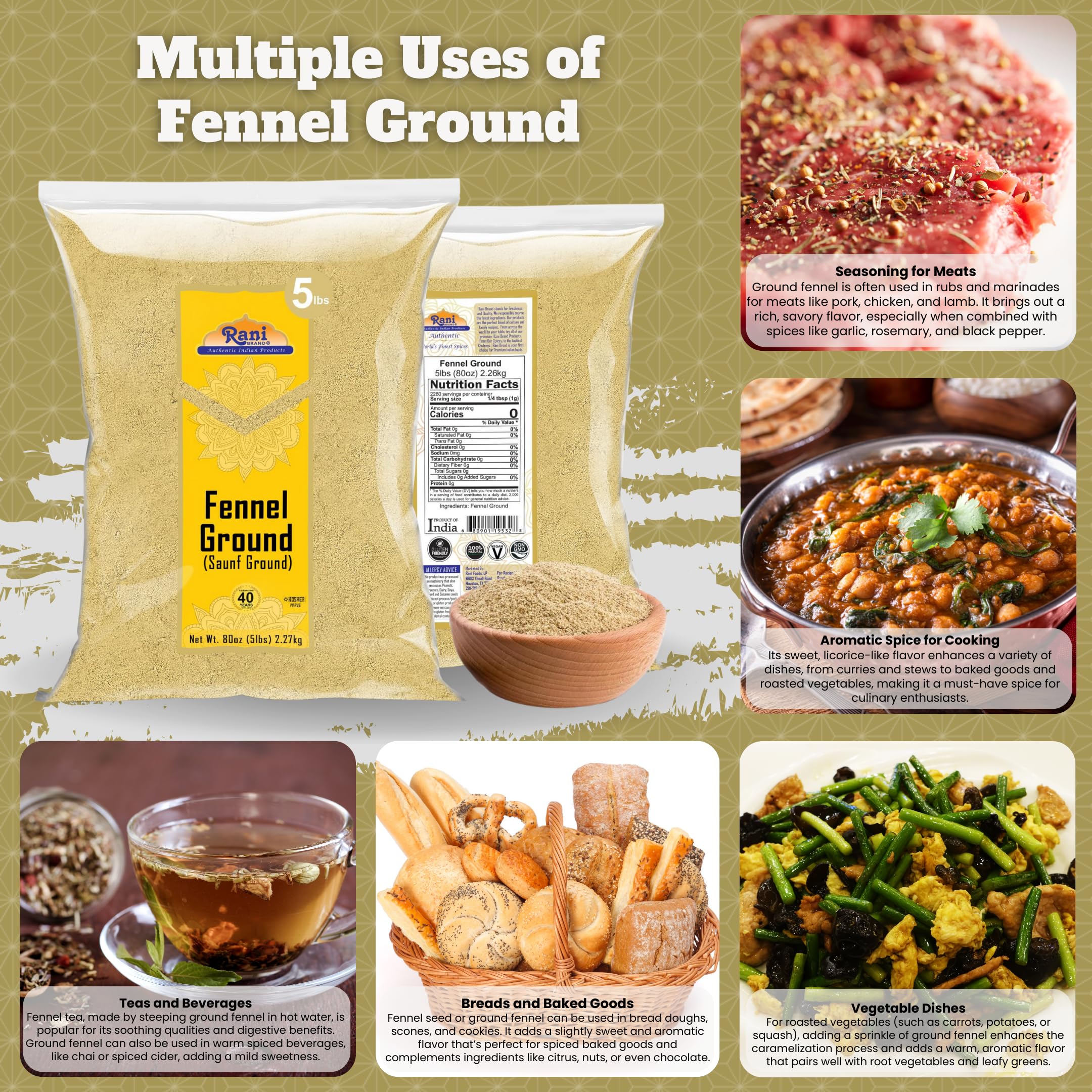 Rani Fennel Ground (Saunf) Powder Spice 80oz (5lbs) 2.27kg Bulk ~ All Natural | Gluten Friendly | NON-GMO | Kosher | Vegan | Indian Origin - Image 2