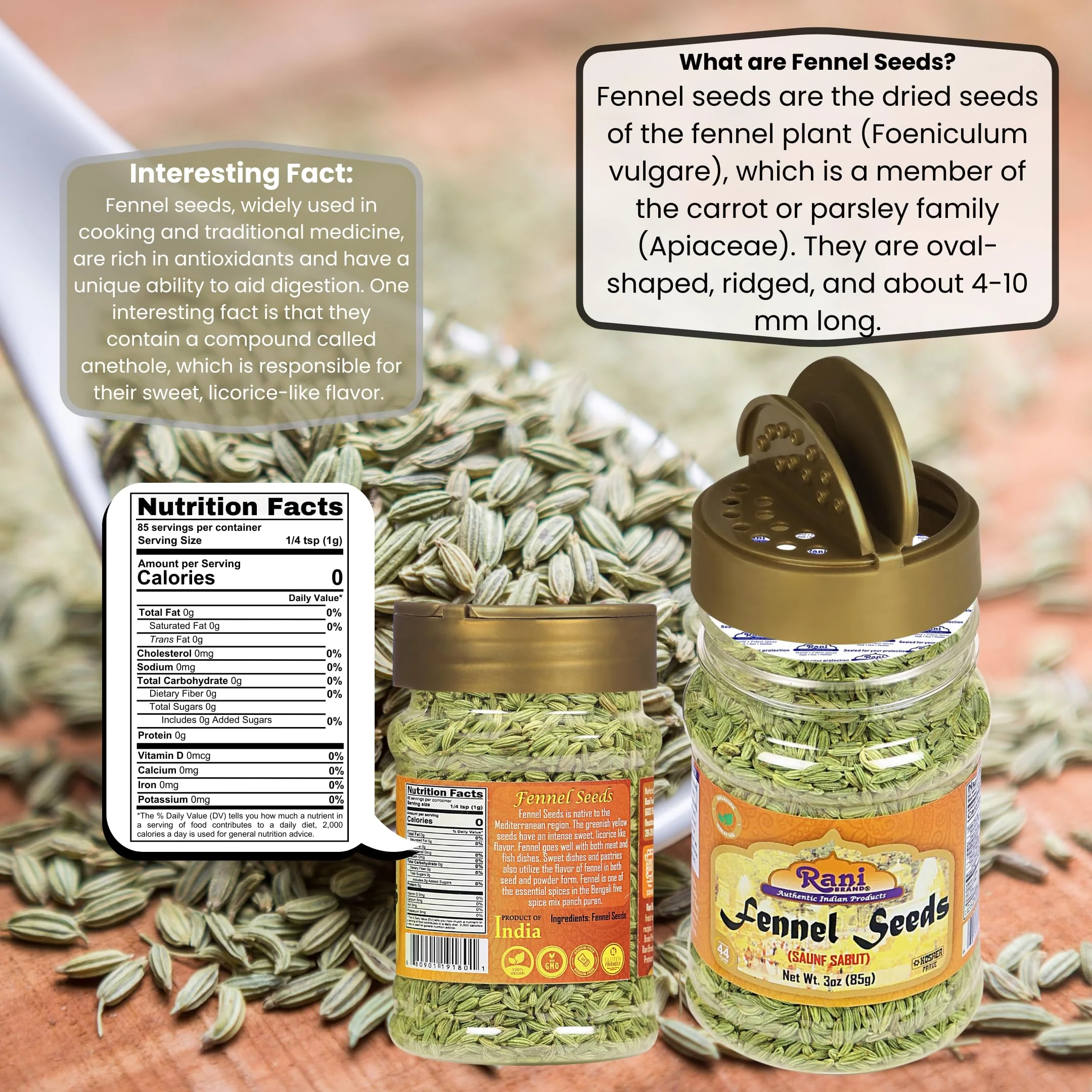 Rani Fennel Seeds (Saunf Sabut) Whole Spice 3oz (85g) PET Jar ~ All Natural | Gluten Friendly | NON-GMO | Kosher | Vegan | Indian Origin - Image 3