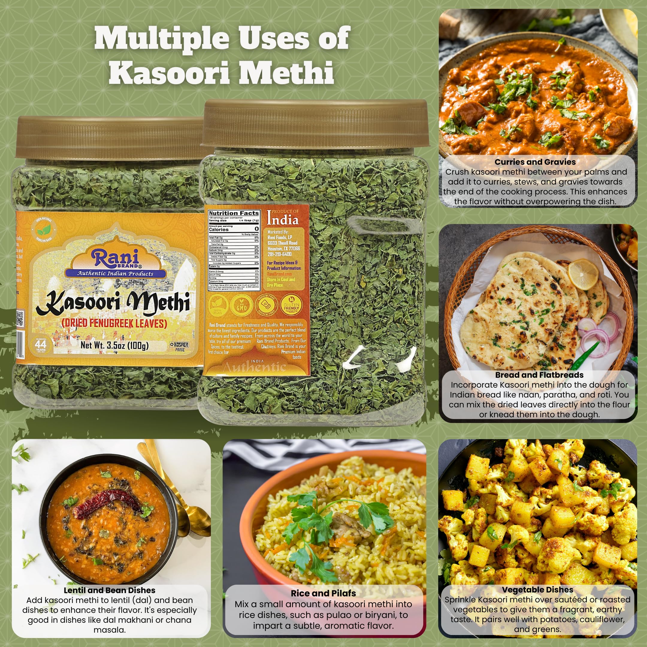 Rani Fenugreek Leaves Dried, All Natural (Kasoori Methi) 3.5oz (100g) PET Jar ~ All Natural | Gluten Friendly | Non-GMO | Kosher | Vegan - Image 2