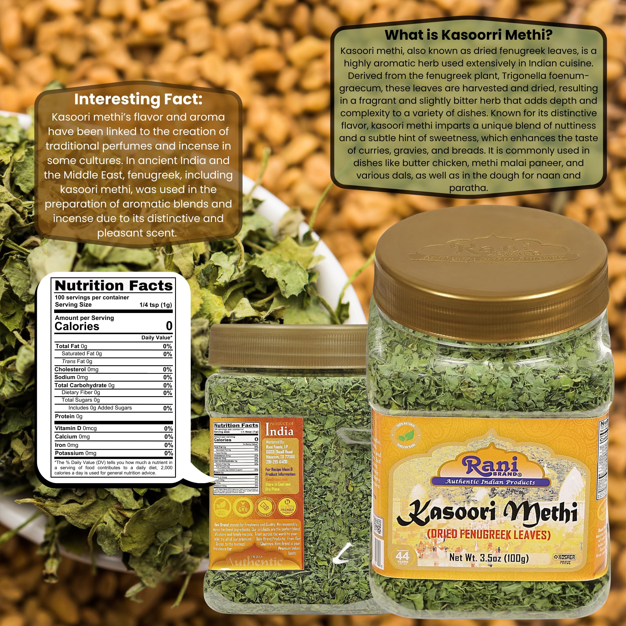 Rani Fenugreek Leaves Dried, All Natural (Kasoori Methi) 3.5oz (100g) PET Jar ~ All Natural | Gluten Friendly | Non-GMO | Kosher | Vegan - Image 3
