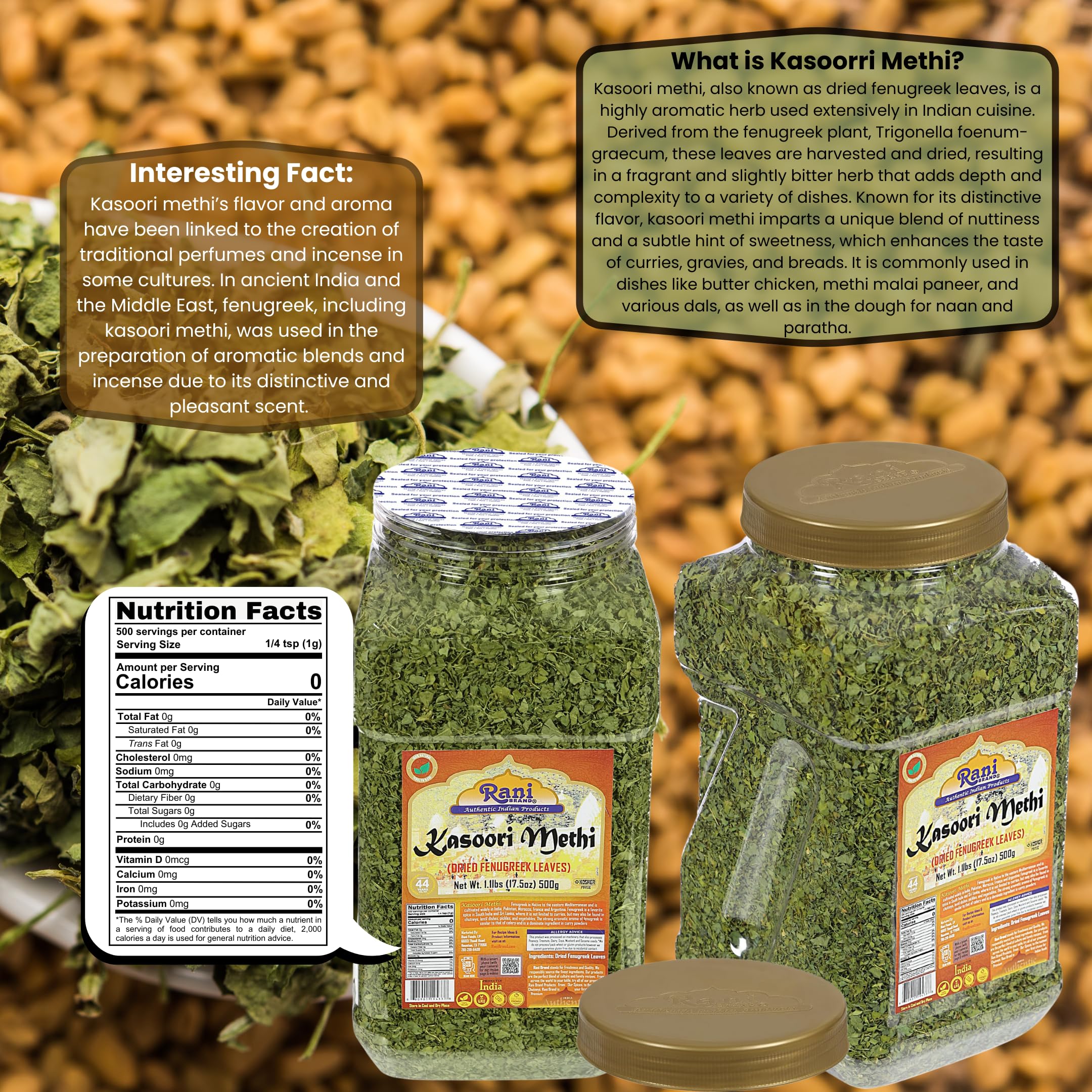 Rani Fenugreek Leaves Dried (Kasoori Methi) 17.5oz (1.1lbs) 500g PET Jar ~ All Natural | Vegan | Gluten Friendly | NON-GMO | Kosher | Indian Origin - Image 3