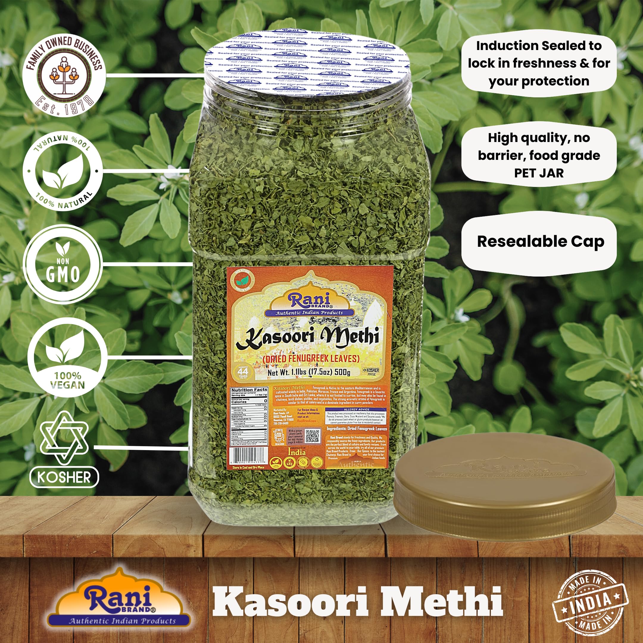 Rani Fenugreek Leaves Dried (Kasoori Methi) 17.5oz (1.1lbs) 500g PET Jar ~ All Natural | Vegan | Gluten Friendly | NON-GMO | Kosher | Indian Origin - Image 4
