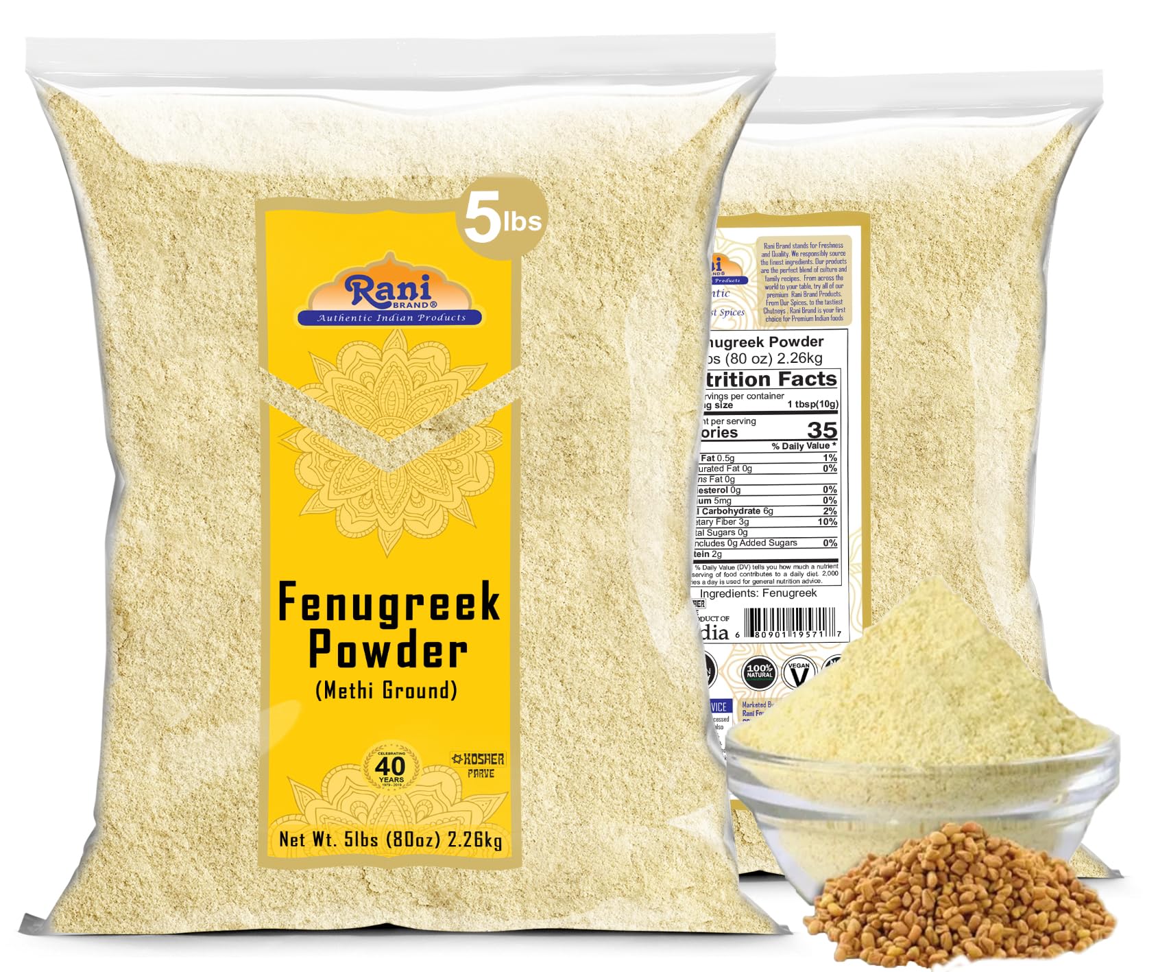 Rani Fenugreek (Methi) Seeds Ground Powder 80oz (5lbs) 2.27kg Trigonella foenum graecum ~ All Natural | Vegan | Gluten Friendly | Non-GMO | Kosher| Indian Origin, used in cooking & Ayurvedic spice - Image 3