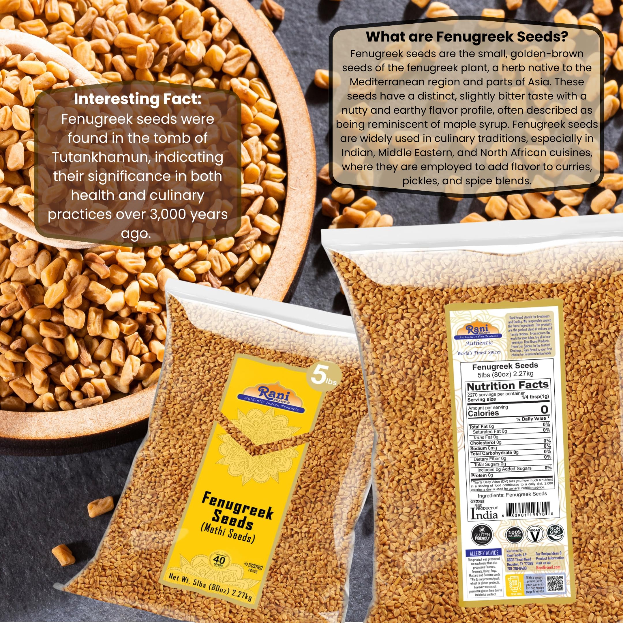 Rani Fenugreek (Methi) Seeds Whole 80oz (5lbs) 2.27kg, Bulk, Trigonella Foenum Graecum ~ All Natural | Vegan | Gluten Friendly | Kosher | Non-GMO - Image 3