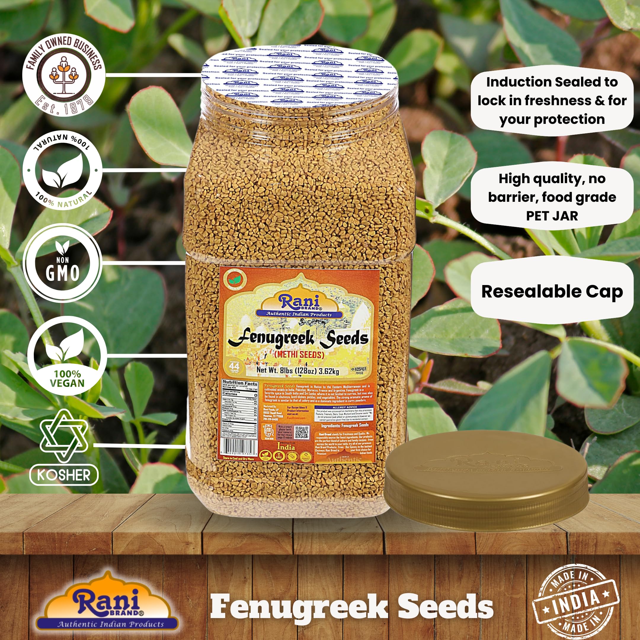 Rani Fenugreek (Methi) Seeds Whole 128oz (8lbs) 3.62kg Bulk PET Jar, Trigonella foenum graecum ~ All Natural | Vegan | Gluten Friendly | Non-GMO | Kosher | Indian Origin - Image 4