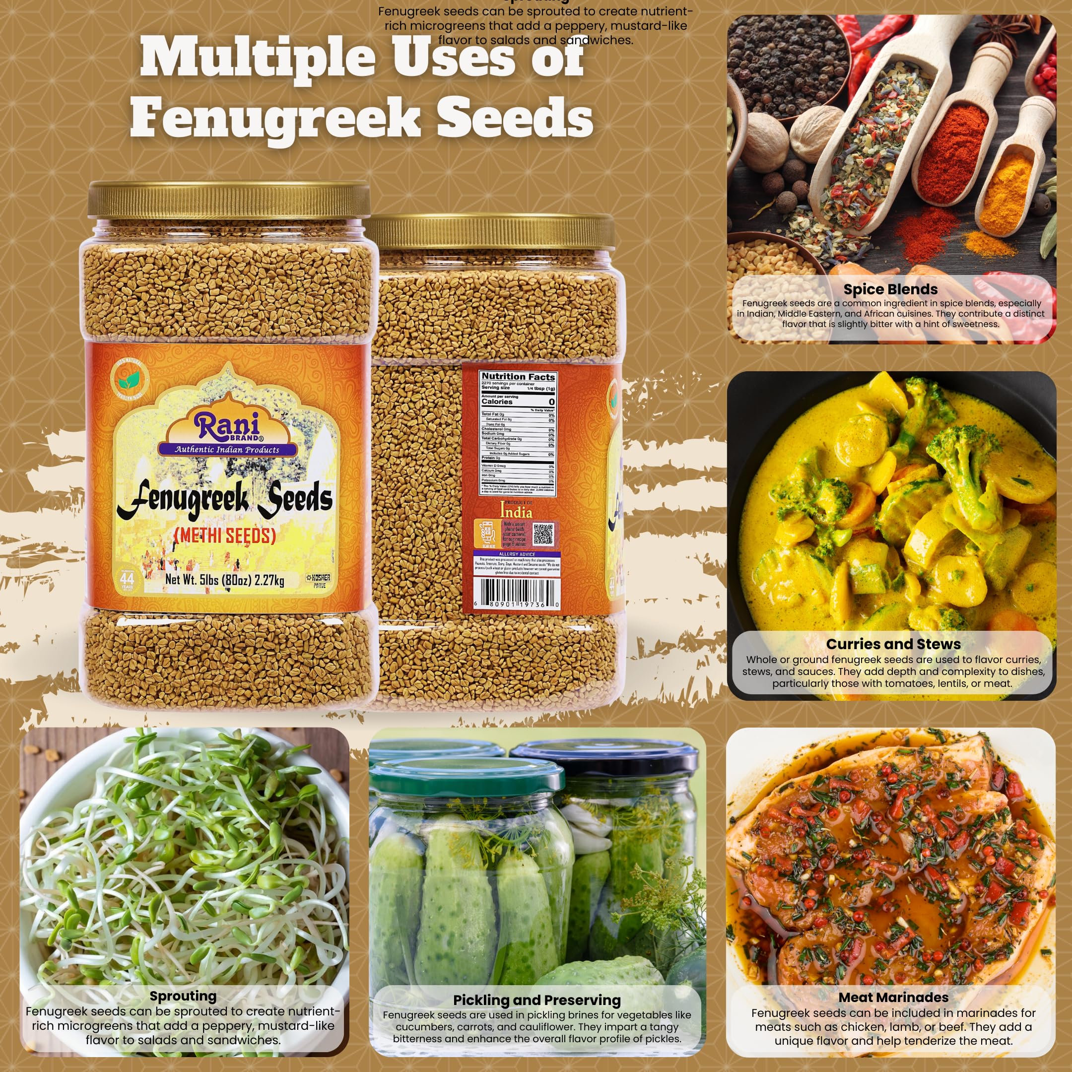 Rani Fenugreek (Methi) Seeds Whole 80oz (5lbs) 2.27kg Bulk PET Jar, Trigonella foenum graecum ~ All Natural | Vegan | Gluten Friendly | Non-GMO | Kosher | Indian Origin, Used in Cooking & Ayurvedic - Image 2