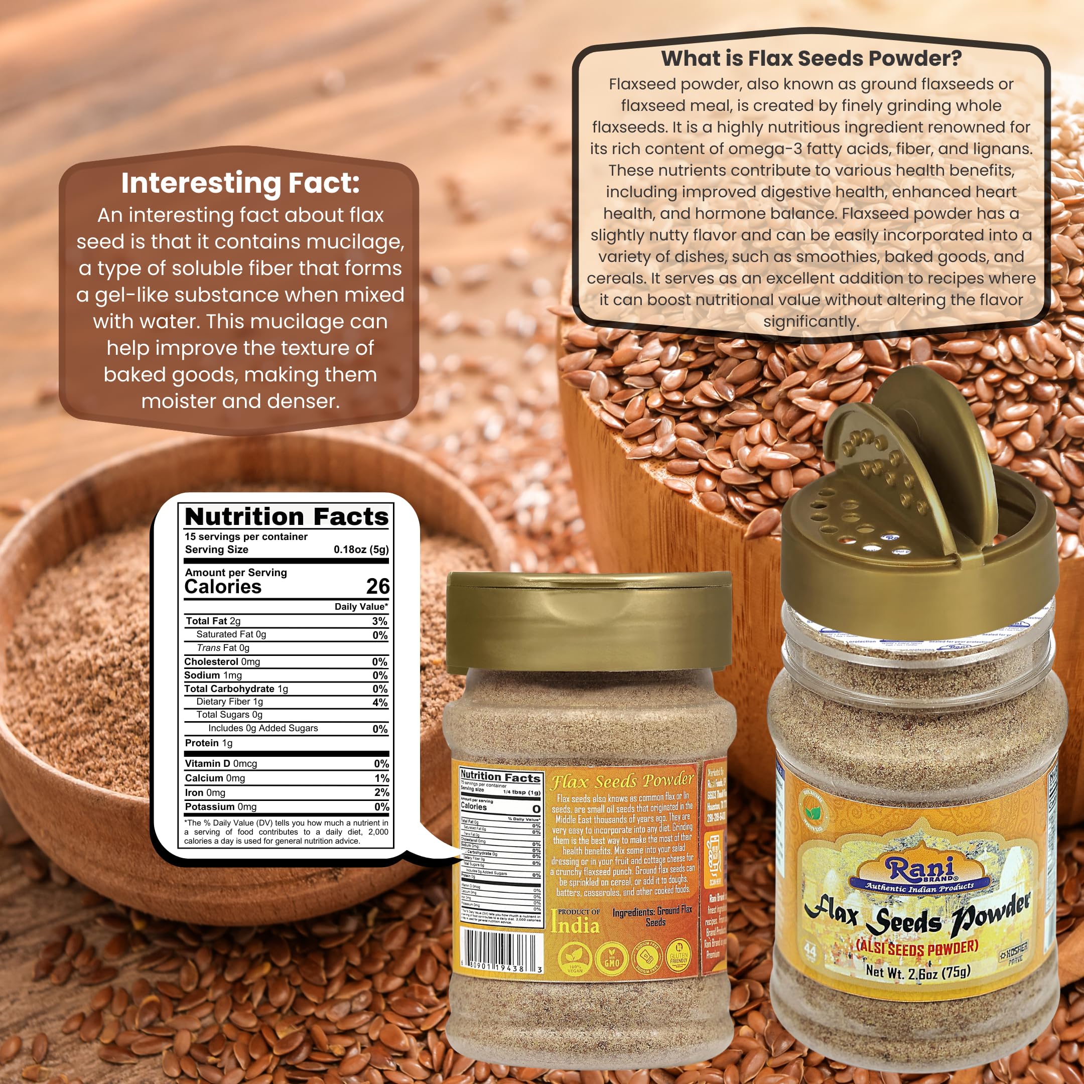 Rani Flax Seeds Powder (Alsi, Linum usitatissimum) 2.6oz (75g) PET Jar | All Natural ~ Gluten Free Ingredients | Non-GMO | Kosher | Vegan | Indian Origin - Image 3