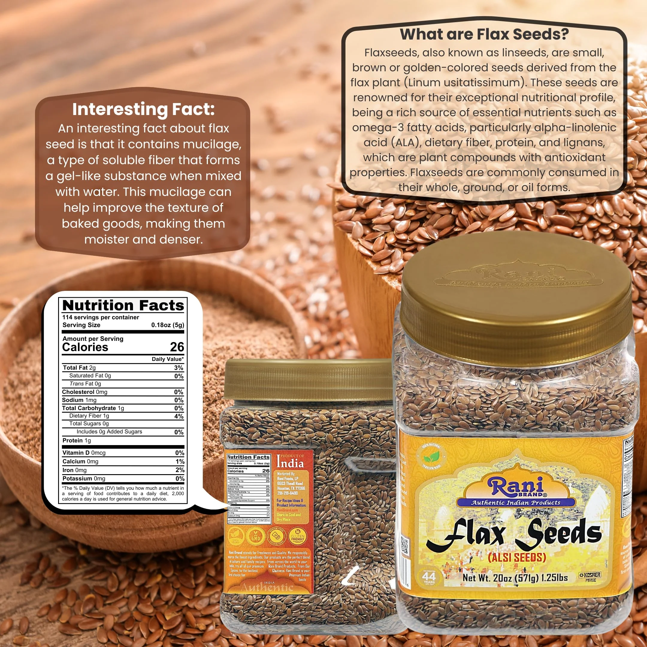 Rani Flax Seeds Whole Raw (Alsi, Linum usitatissimum) 20oz (567g) PET Jar | All Natural ~ Gluten Friendly | NON-GMO | Vegan | Kosher | Product of USA - Image 3
