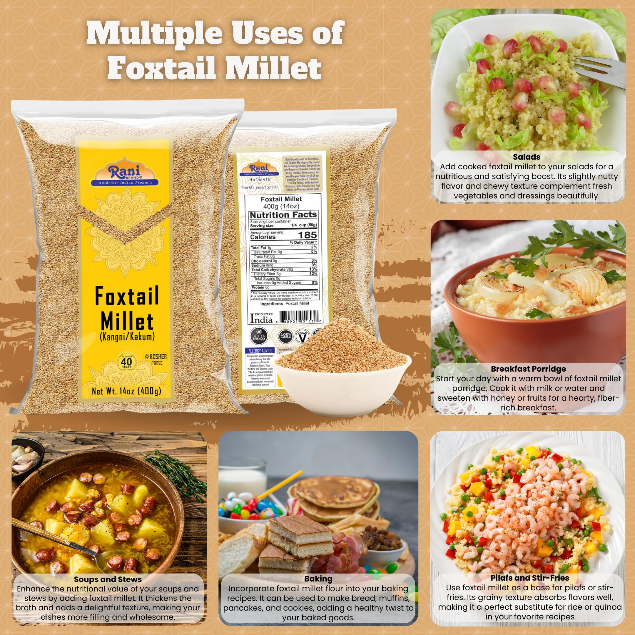Rani Foxtail Millet Polished (Setaria italica) Ancient Grains 400g (14oz) ~ All Natural | Gluten Friendly | NON-GMO | Kosher | Vegan | Indian Origin - Image 2