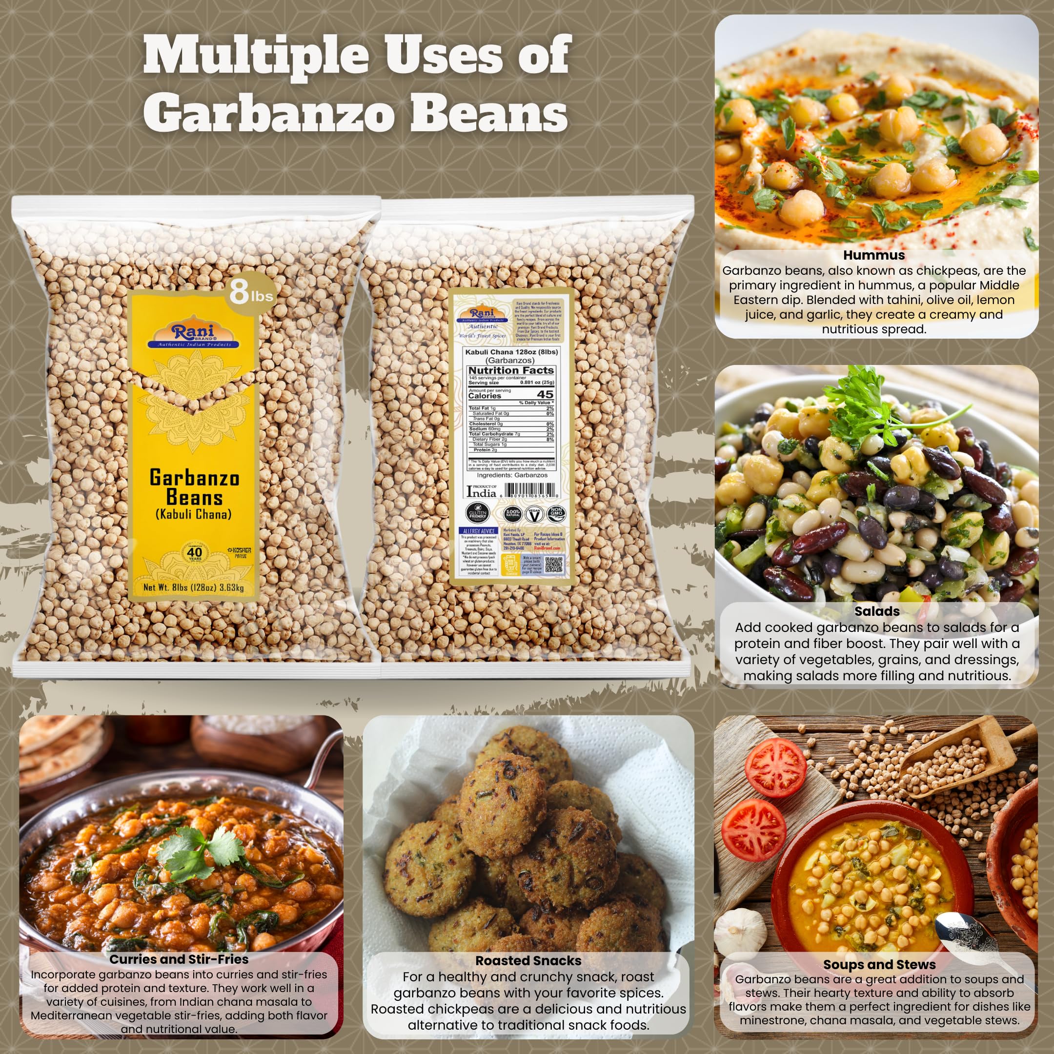 Rani Garbanzo Beans (Kabuli Chana) 128oz (8lbs) 3.63kg Bulk ~ All Natural | Vegan | Gluten Friendly | NON-GMO | Kosher | Indian Origin - Image 2