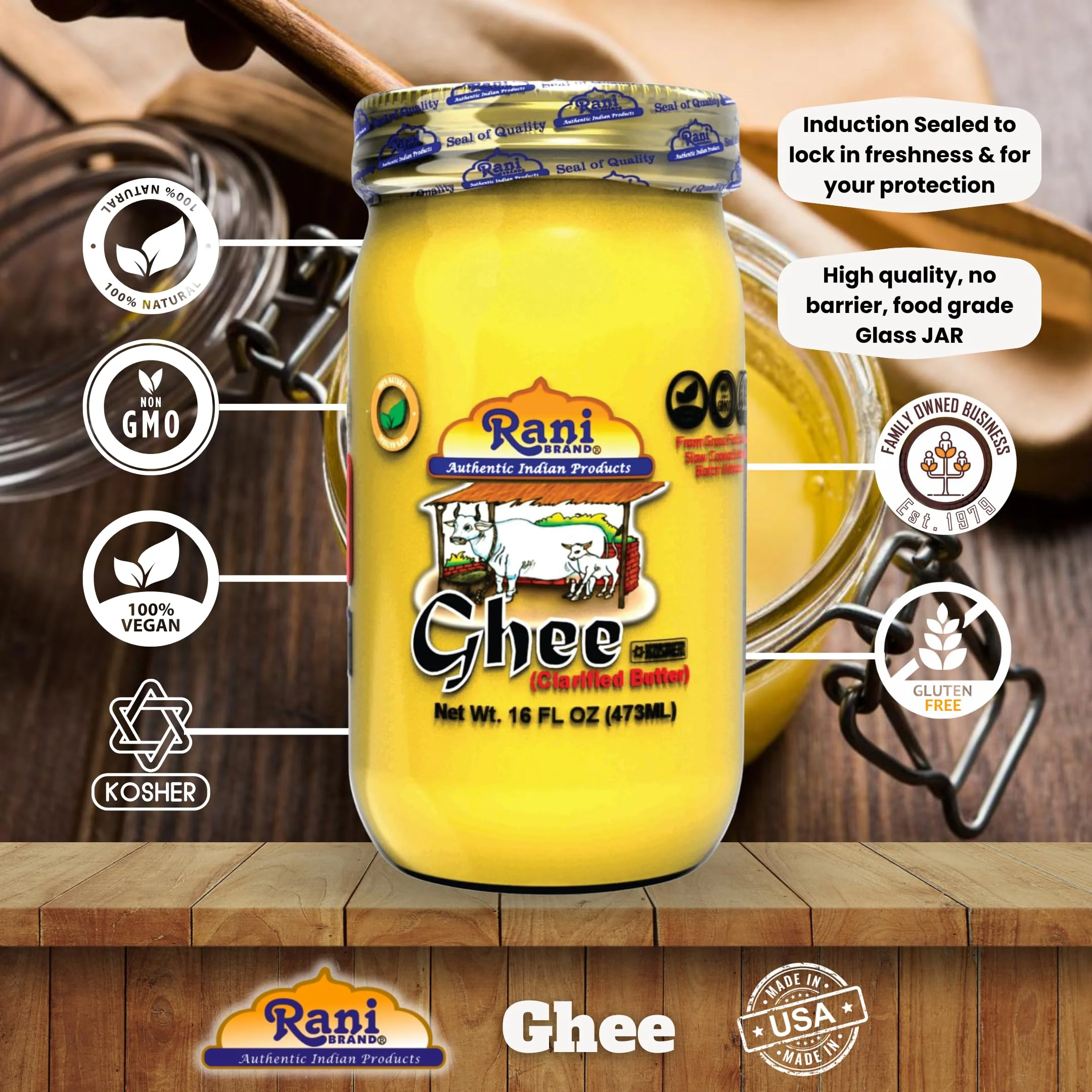 Rani Ghee Pure & Natural from Grass Fed Cows (Clarified Butter) 16oz (1lb) 454g ~ Glass Jar | Paleo & Keto Friendly | Gluten Free | Kosher | Product of USA - Image 4