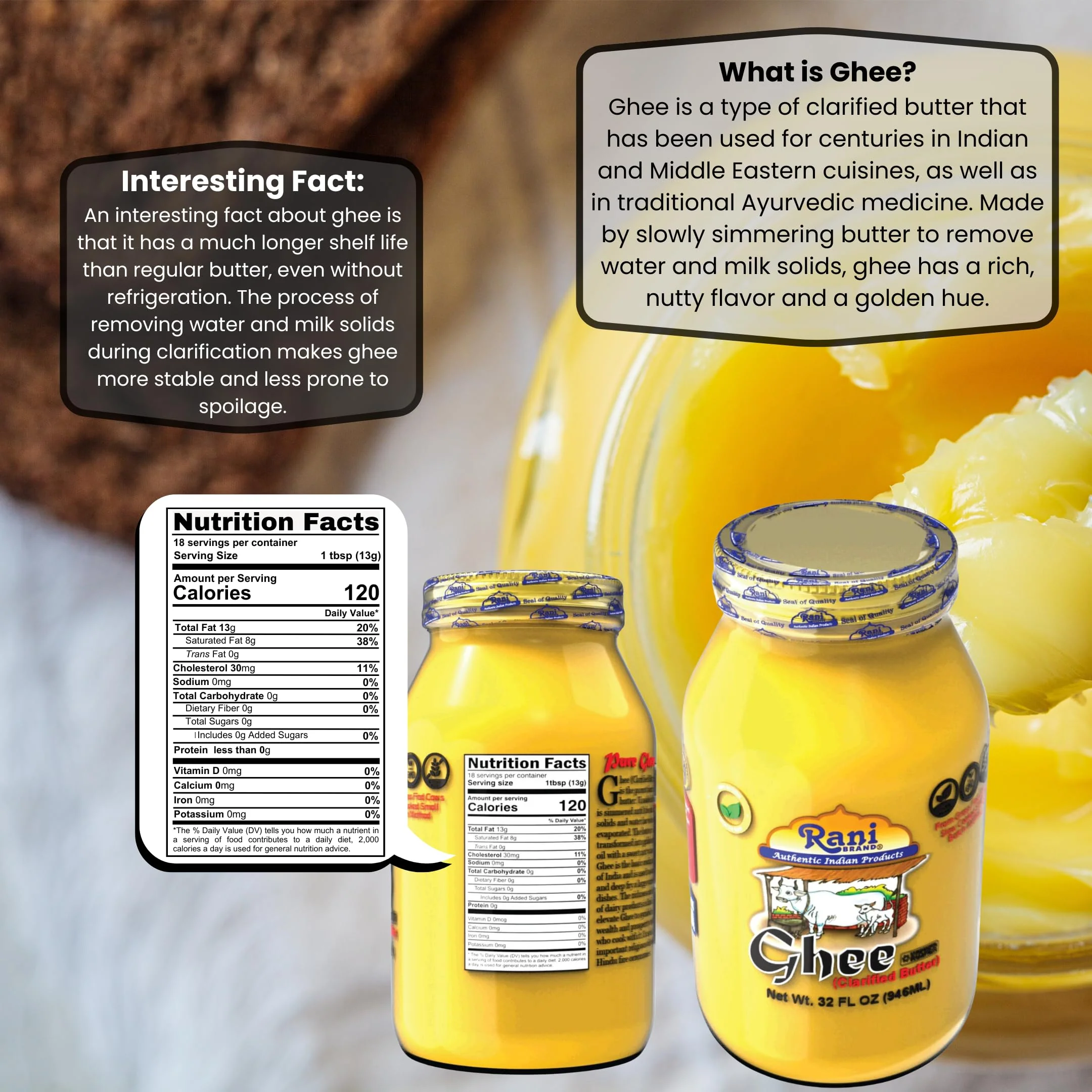 Rani Ghee Pure & Natural from Grass Fed Cows (Clarified Butter) 32oz (2lbs) 908g ~ Glass Jar | Keto Friendly | Gluten Free | Kosher | Product of USA - Image 3