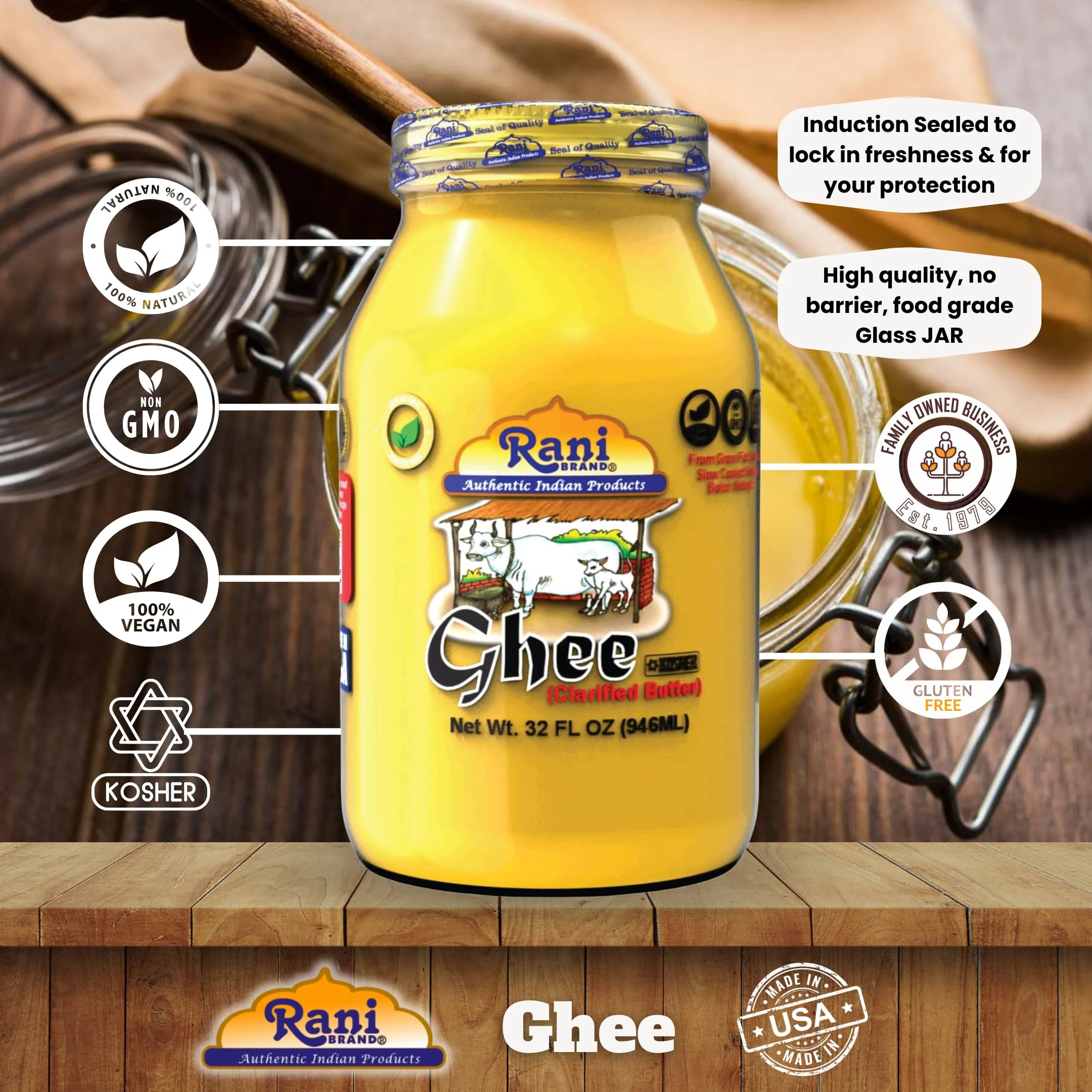 Rani Ghee Pure & Natural from Grass Fed Cows (Clarified Butter) 32oz (2lbs) 908g ~ Glass Jar | Keto Friendly | Gluten Free | Kosher | Product of USA - Image 4