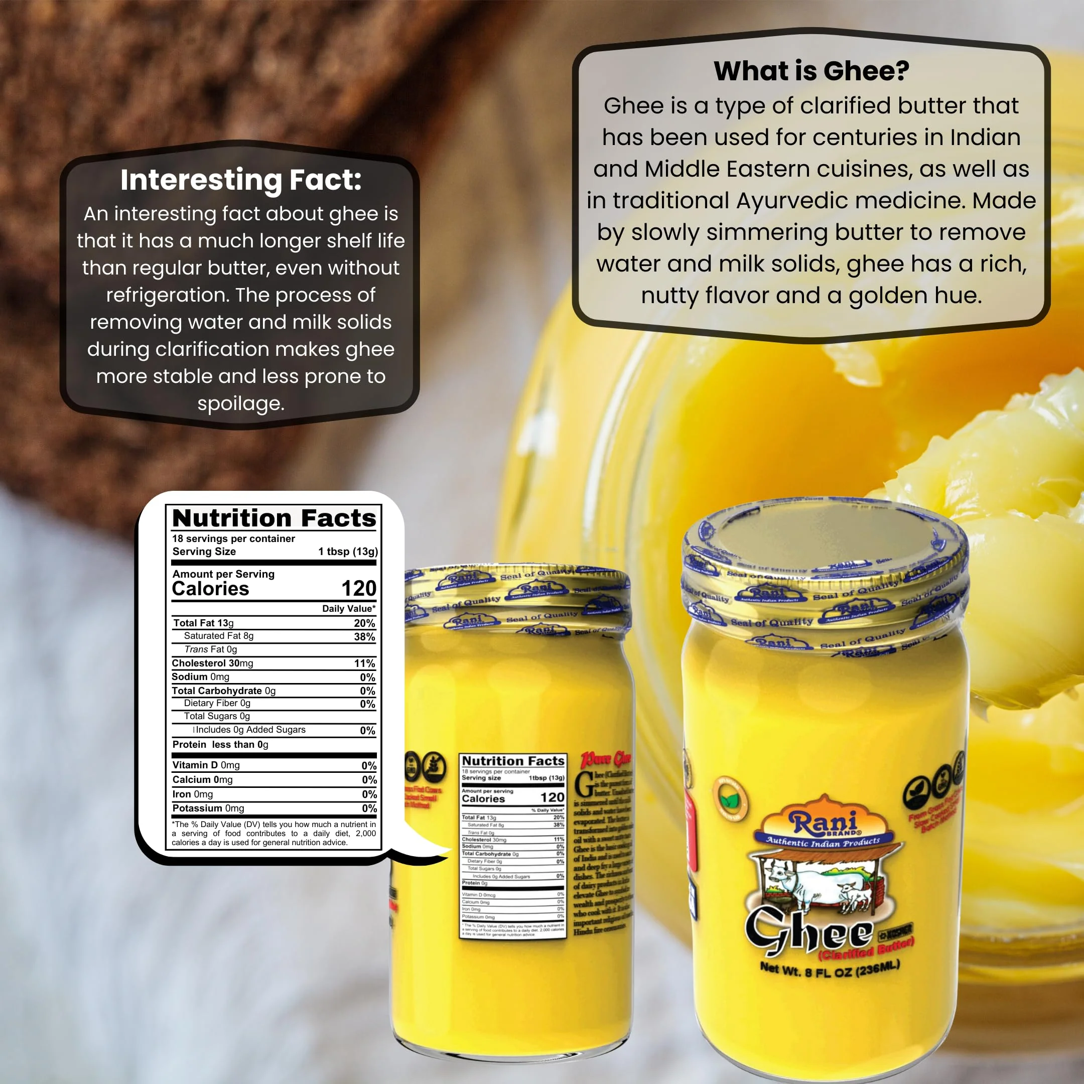 Rani Ghee Pure & Natural from Grass Fed Cows (Clarified Butter) 8oz (227g) ~ Glass Jar | Paleo Friendly | Keto Friendly | Gluten Free | Kosher | Product of USA - Image 3