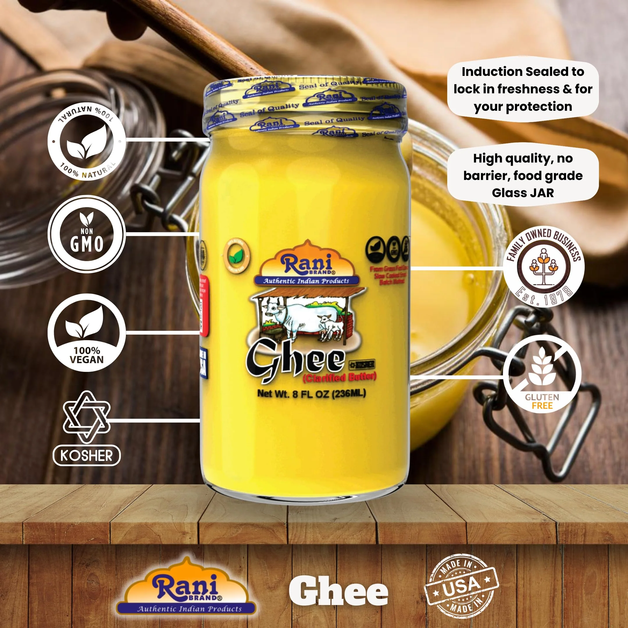 Rani Ghee Pure & Natural from Grass Fed Cows (Clarified Butter) 8oz (227g) ~ Glass Jar | Paleo Friendly | Keto Friendly | Gluten Free | Kosher | Product of USA - Image 4