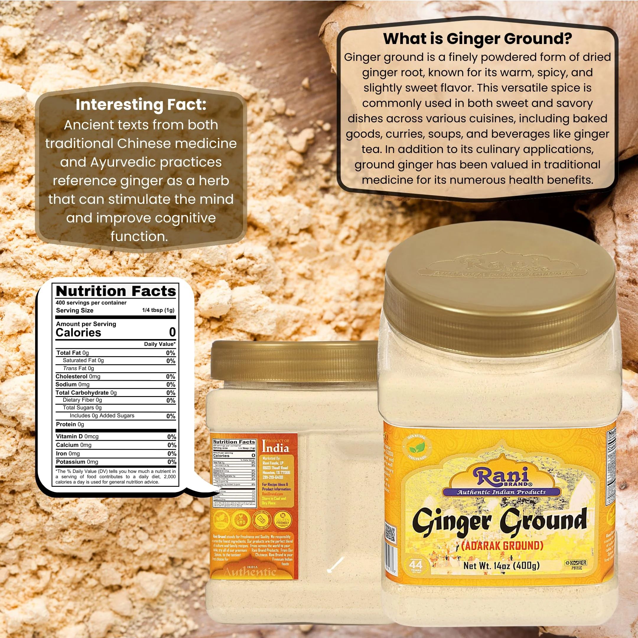 Rani Ginger (Adarak) Powder Ground, Spice 14oz (400g) PET Jar ~ Natural | Vegan | Gluten Friendly | NON-GMO | Kosher | Indian Origin - Image 3