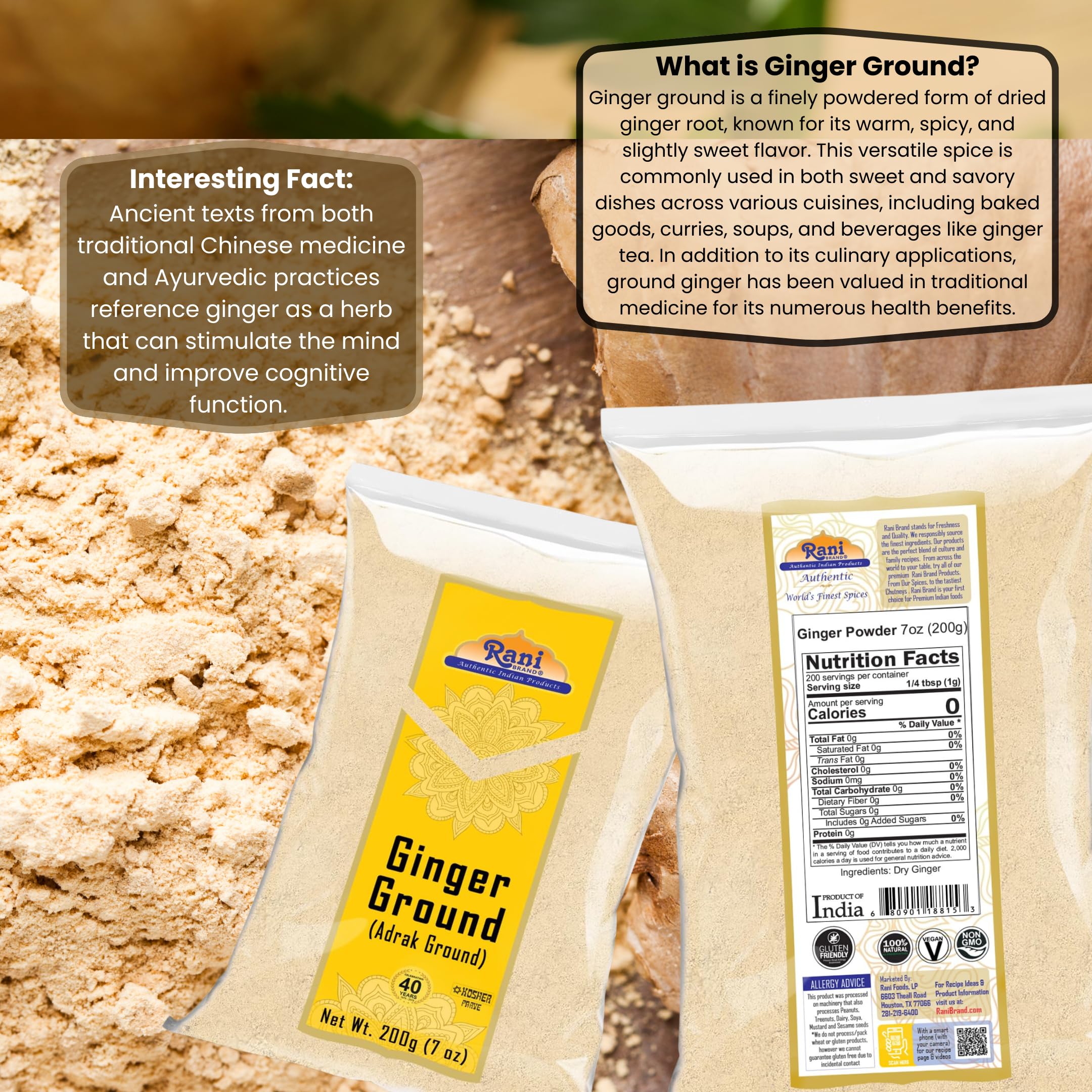 Rani Ginger (Adarak) Powder Ground, Spice 7oz (200g) ~ Natural | Vegan | Gluten Friendly | NON-GMO | Kosher | Indian Origin - Image 3