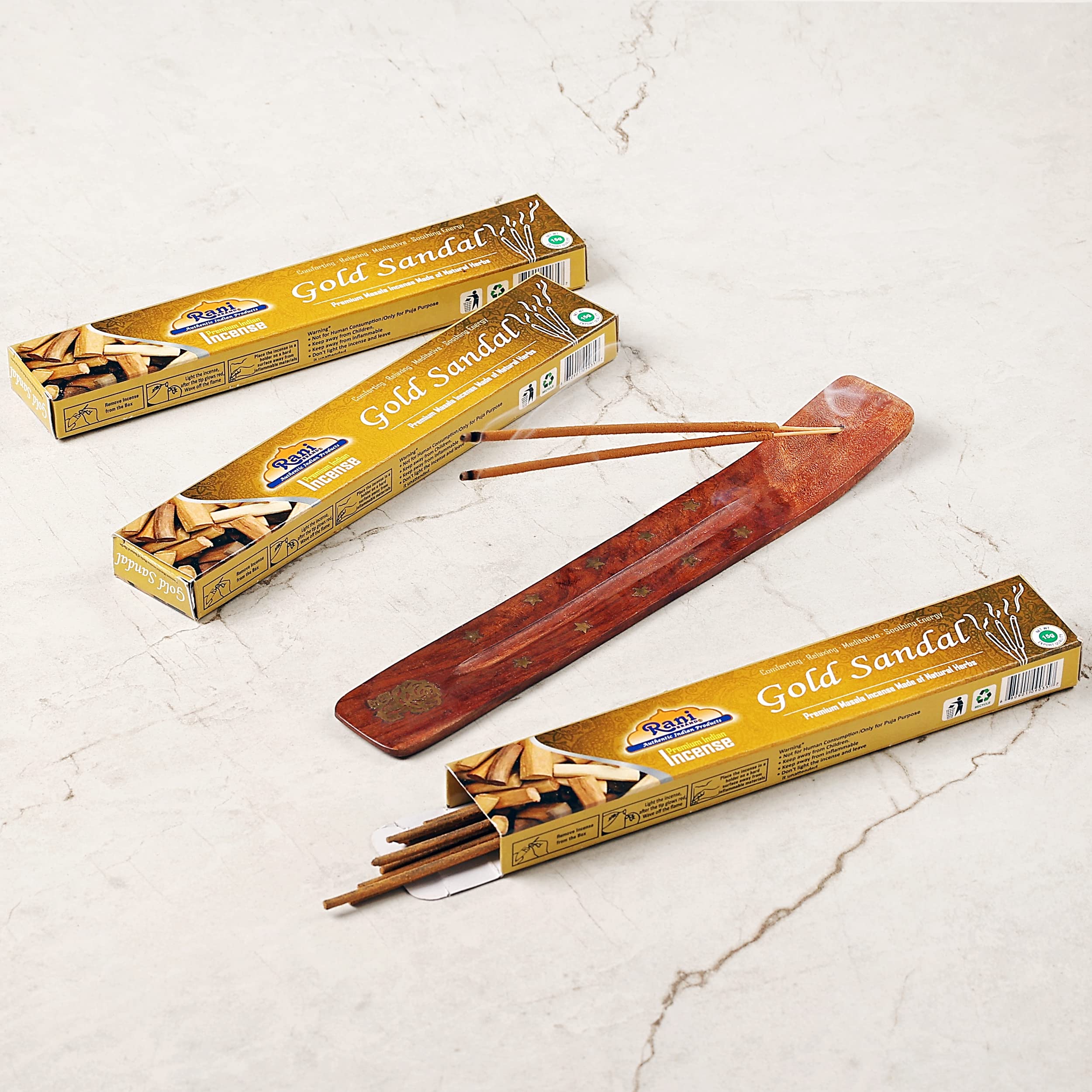 Rani Gold Sandal Incense (Premium Masala Incense Made of Natural Herbs) 15g x 10 Packets ~ Total of 100 Incense sticks | For Puja Purposes | Indian Origin - Image 2