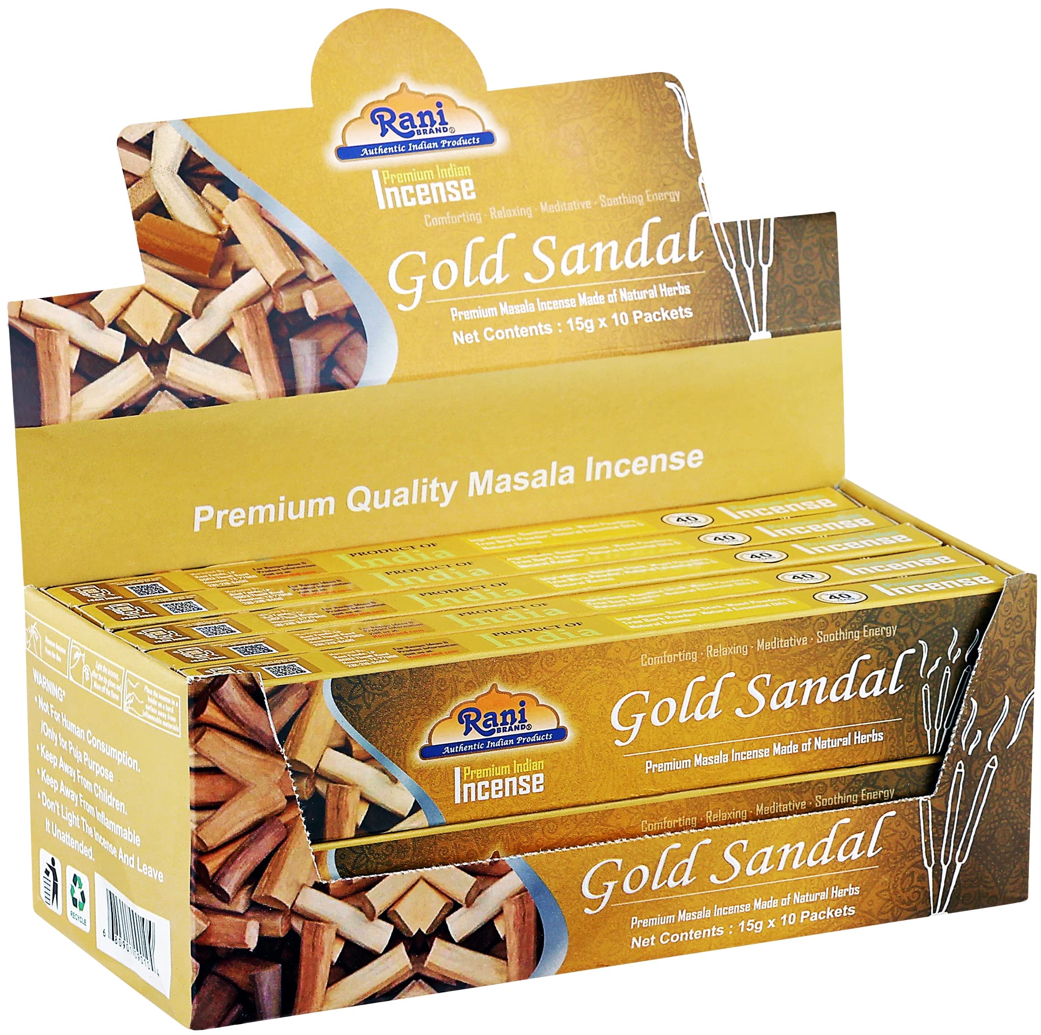 Rani Gold Sandal Incense (Premium Masala Incense Made of Natural Herbs) 15g x 10 Packets ~ Total of 100 Incense sticks | For Puja Purposes | Indian Origin - Image 4
