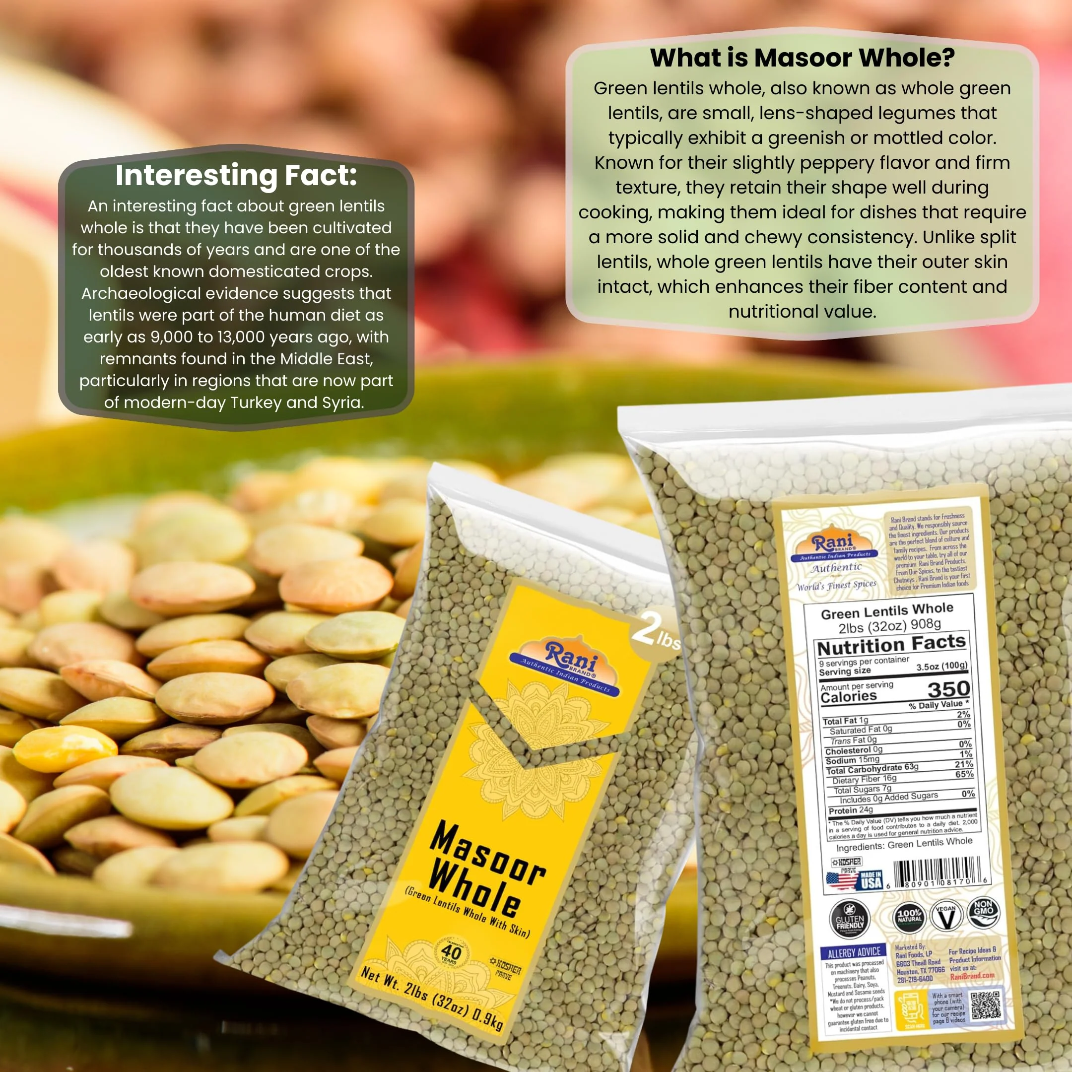 Rani Masoor Whole (Green Lentils Whole With Skin) 32oz (2lbs) 908g ~ All Natural | Vegan | Gluten Friendly | Non-GMO | Kosher | Product of USA - Image 3