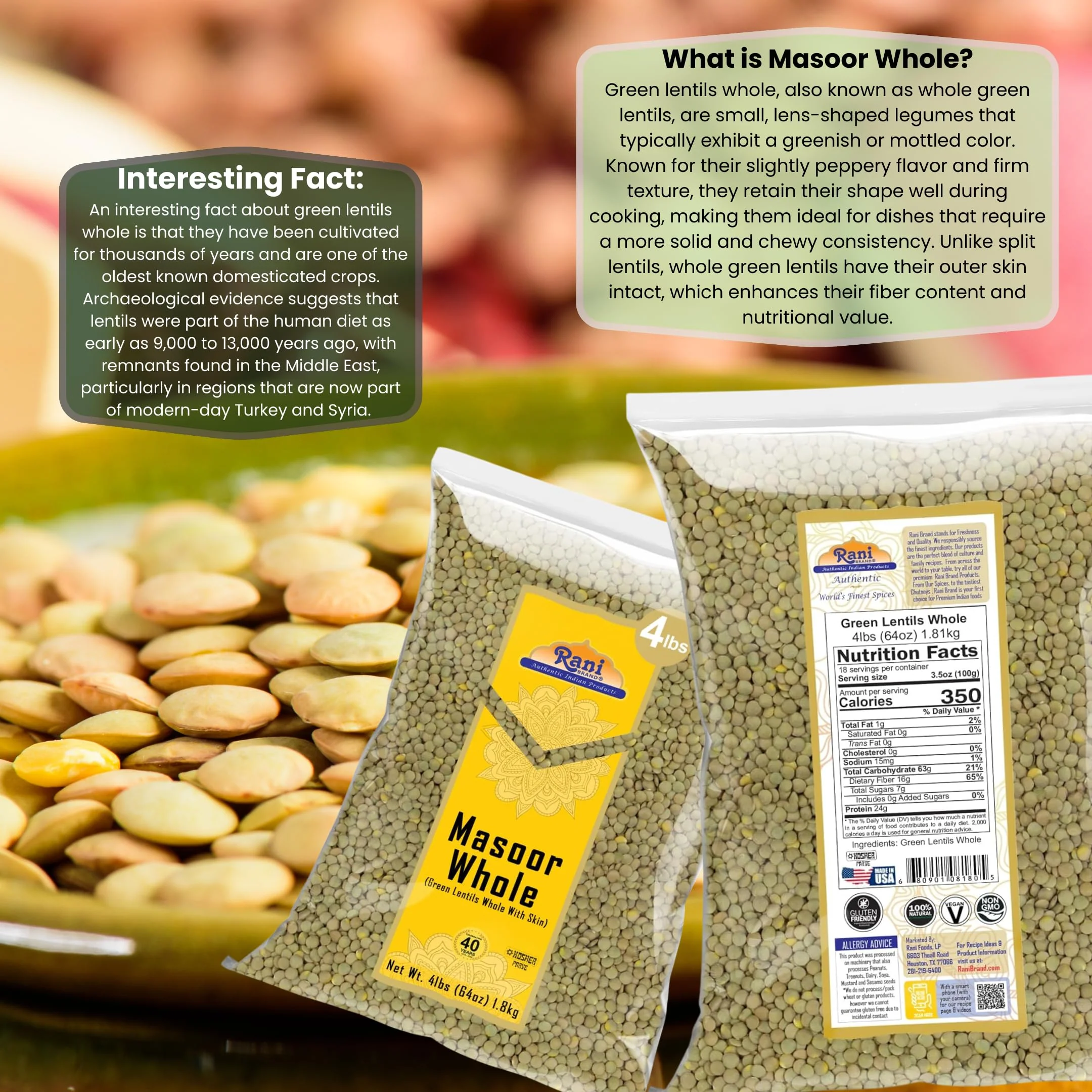 Rani Masoor Whole (Green Lentils Whole With Skin) 64oz (4lbs) 1.81kg Bulk ~ All Natural | Vegan | Gluten Friendly | Non-GMO | Kosher | Product of USA - Image 3