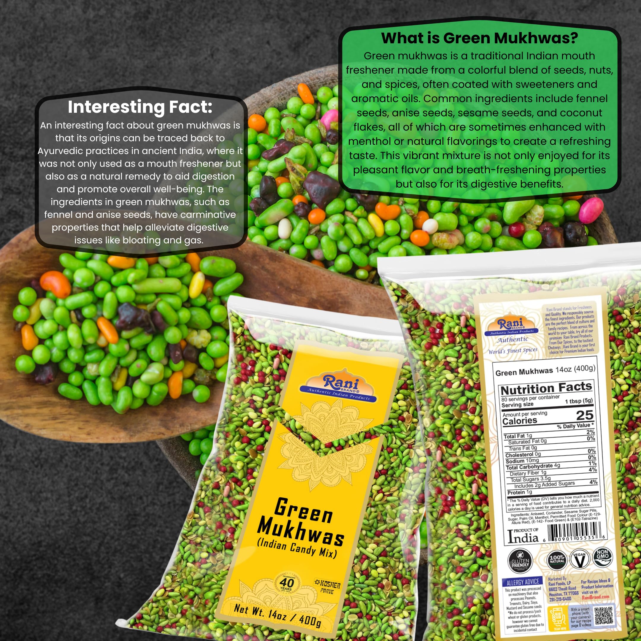 Rani Green Mukhwas (Special Digestive Treat) 14oz (400g) ~ Vegan | Kosher | Indian Candy Mouth Freshener - Image 2