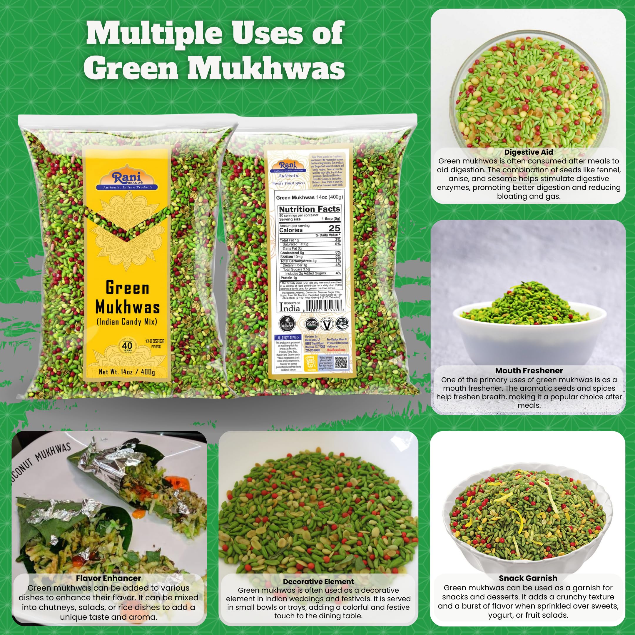 Rani Green Mukhwas (Special Digestive Treat) 14oz (400g) ~ Vegan | Kosher | Indian Candy Mouth Freshener - Image 3