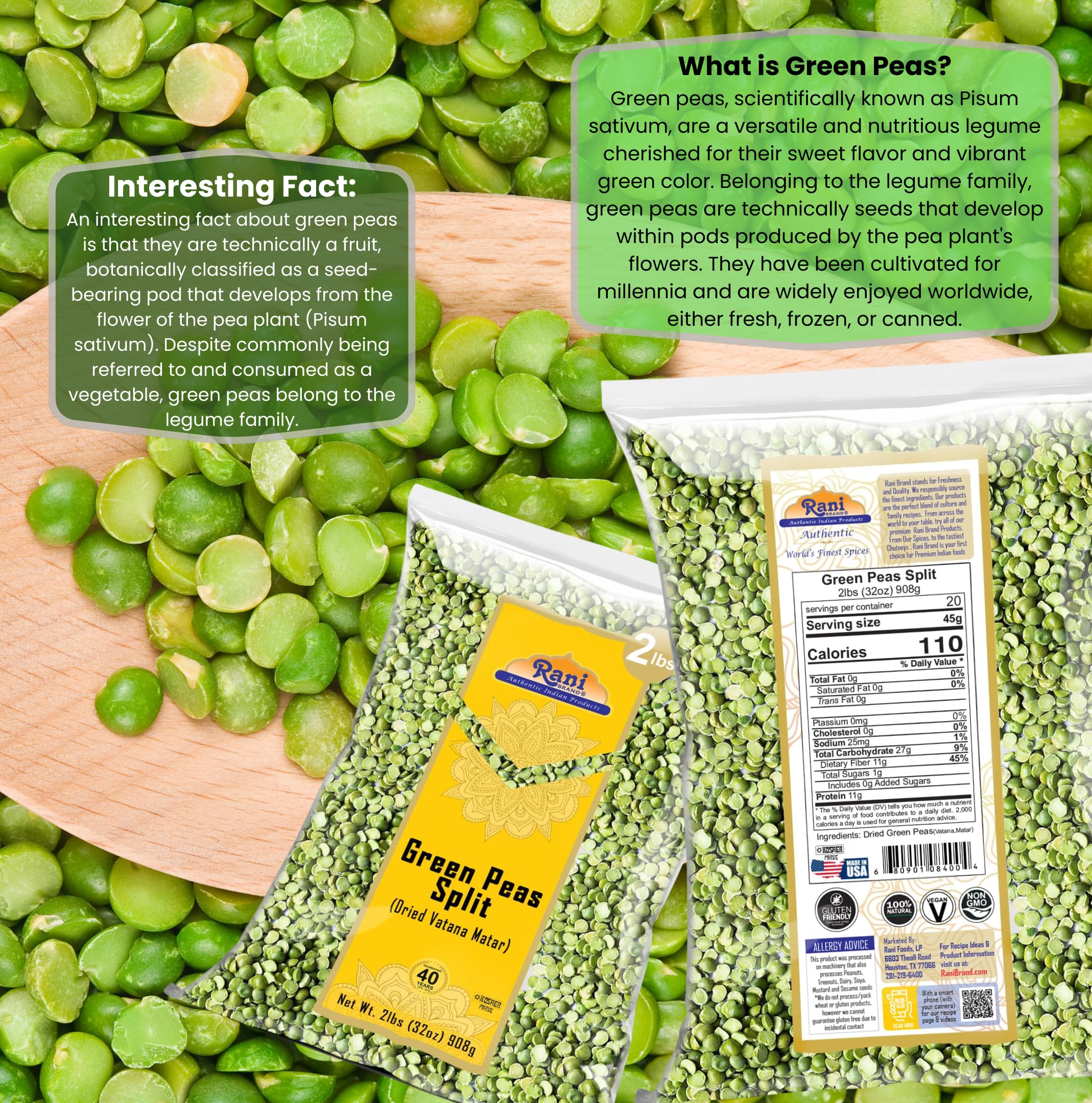 Rani Green Peas Split, Dried (Vatana, Matar) 32oz (2lbs) 907g ~ All Natural | Kosher | Vegan | Gluten Friendly | Product of USA - Image 3