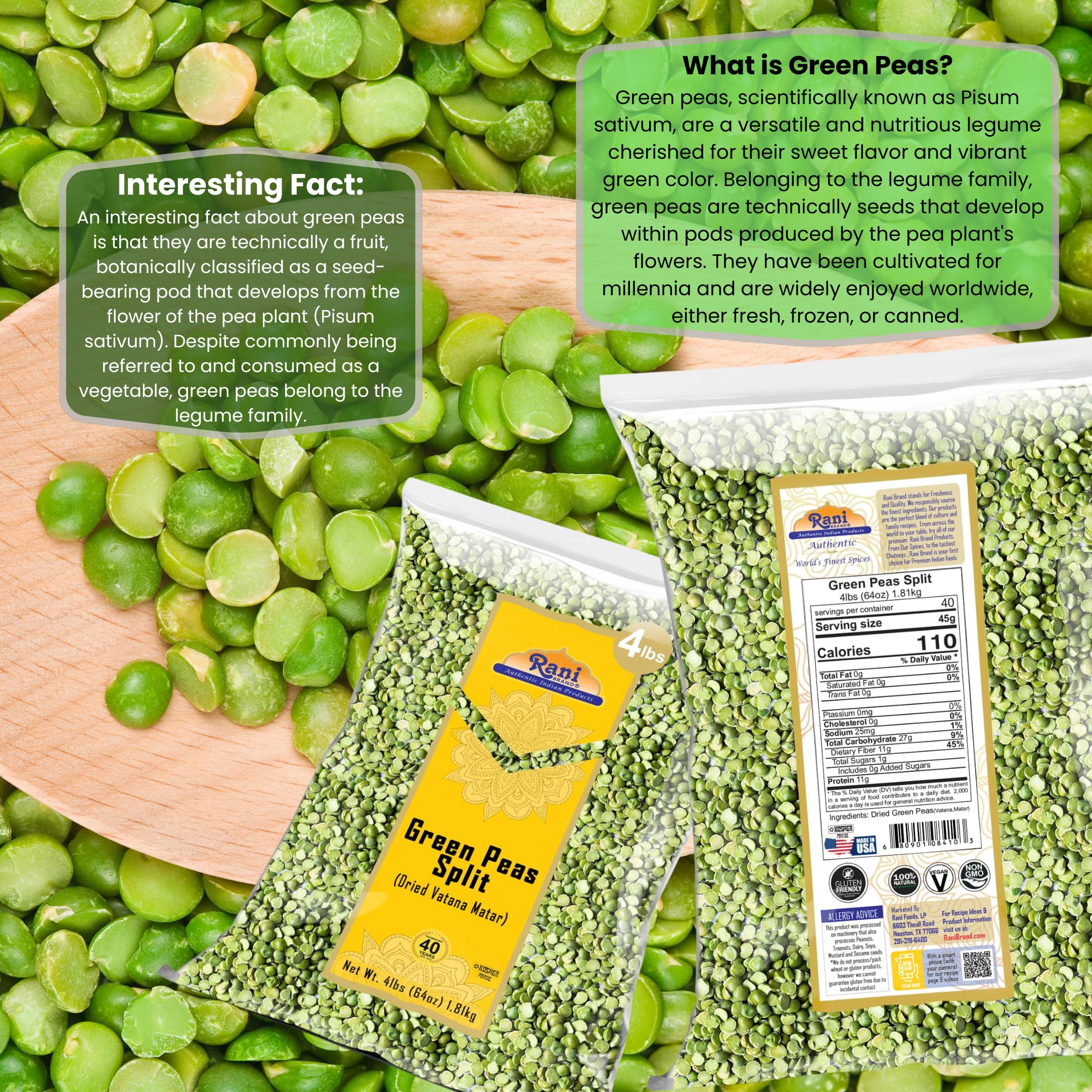 Rani Green Peas Split, Dried (Vatana, Matar) 64oz (4lbs) 1.81kg ~ All Natural | Kosher | Vegan | Gluten Friendly | Product of US - Image 3