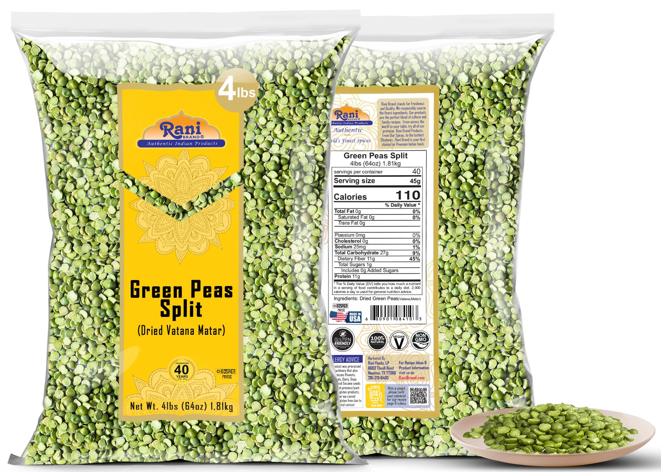 Rani Green Peas Split, Dried (Vatana, Matar) 64oz (4lbs) 1.81kg ~ All Natural | Kosher | Vegan | Gluten Friendly | Product of US - Image 6