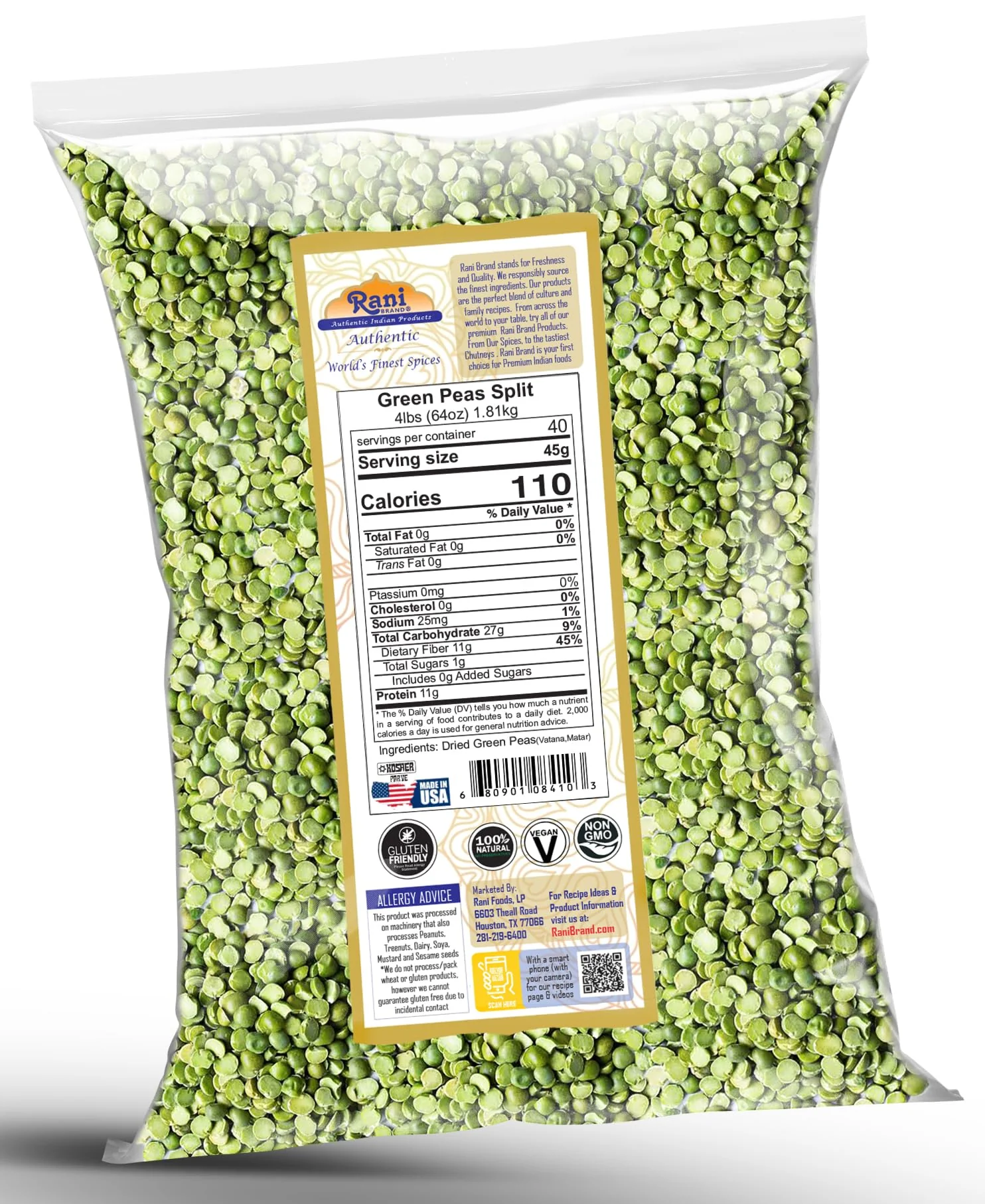 Rani Green Peas Split, Dried (Vatana, Matar) 64oz (4lbs) 1.81kg ~ All Natural | Kosher | Vegan | Gluten Friendly | Product of US - Image 7