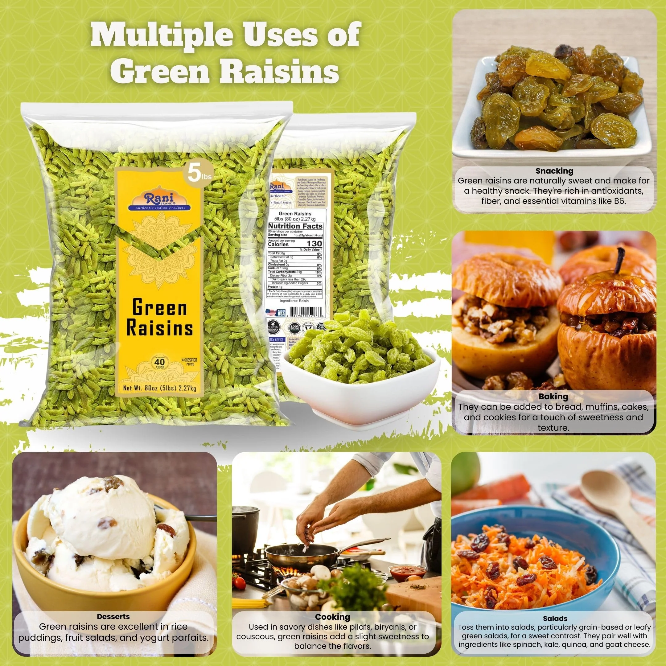 Rani Green Raisins 80oz (5lbs) 2.27kg Bulk ~ All Natural | Gluten Friendly | Non-GMO | Kosher | Vegan | Product of USA - Image 2