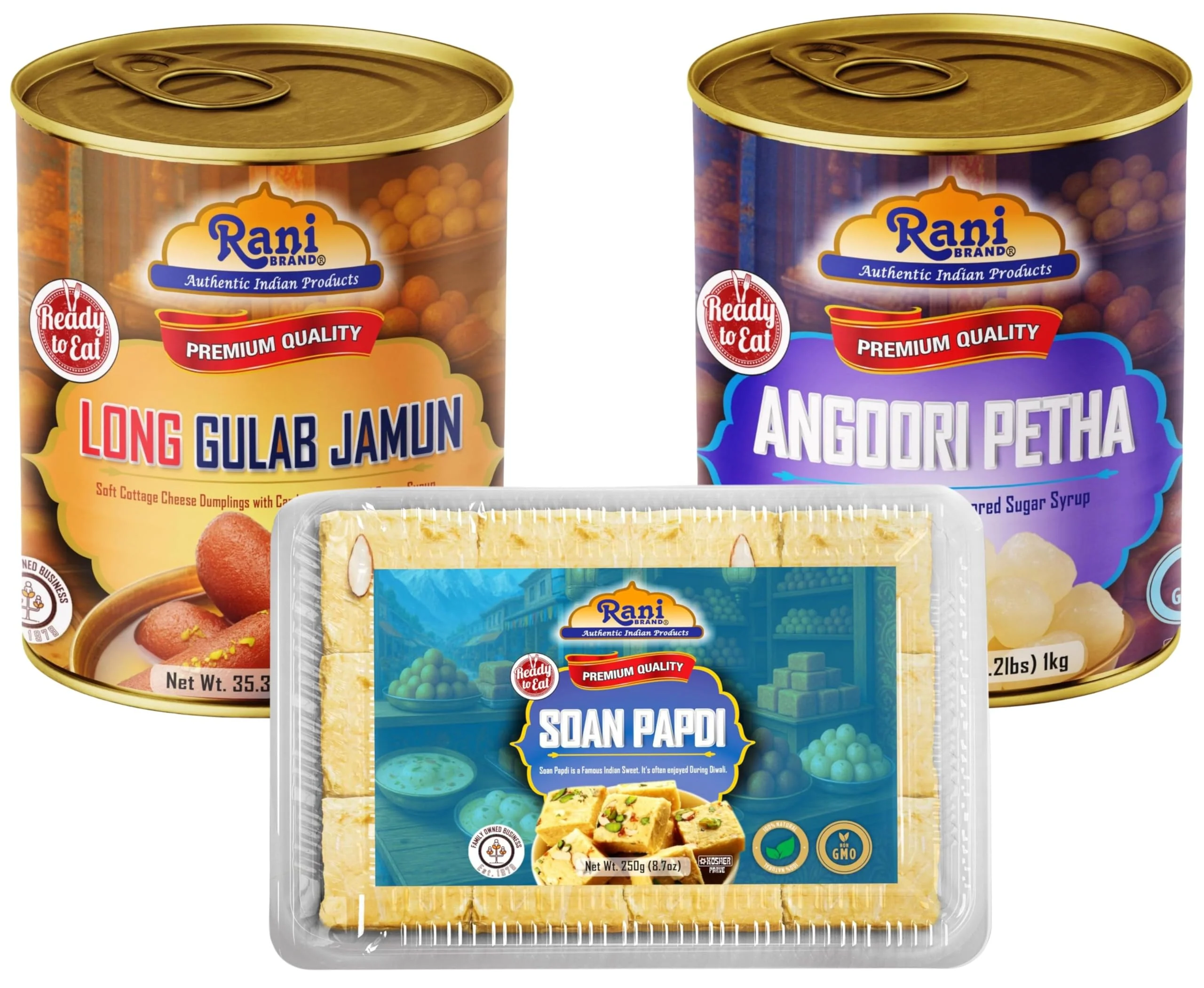 Rani Gulab Jamun Long 35.3oz (2.2lbs) 1kg, Angoori Petha 35.3oz (2.2lbs) 1kg, Soan Papdi 8.7oz (250g), Combo Set of 3 ~ Ready to eat | Non-GMO | Kosher | Indian Origin - Image 2