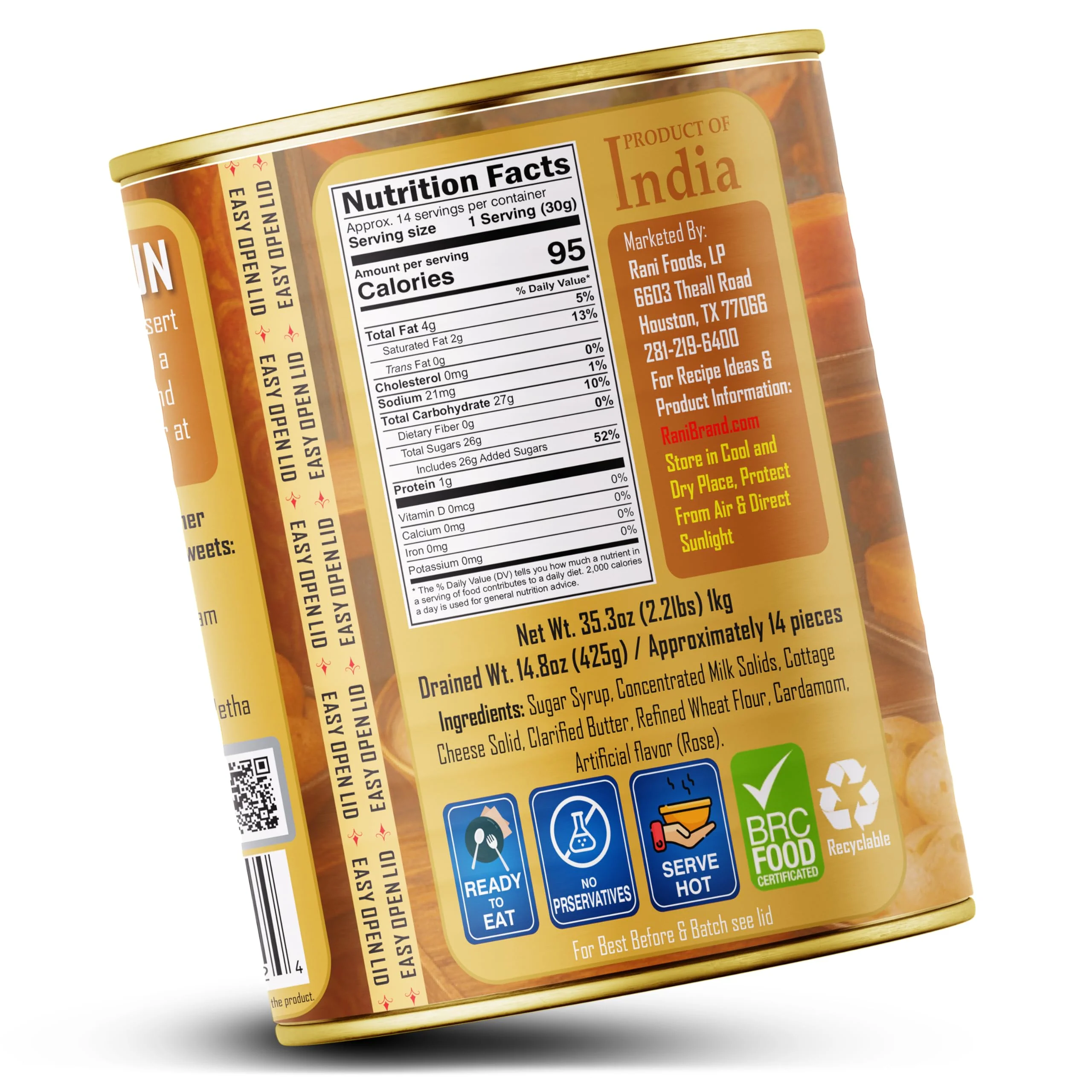 Rani Gulab Jamun Long (w/ Cardamom Flavored Sugar Syrup) 35.3oz (2.2lbs) 1kg, Approximately 14 pieces, Easy Open Lid ~ Ready to eat | Vegan | Non-GMO | Kosher | Indian Origin - Image 7