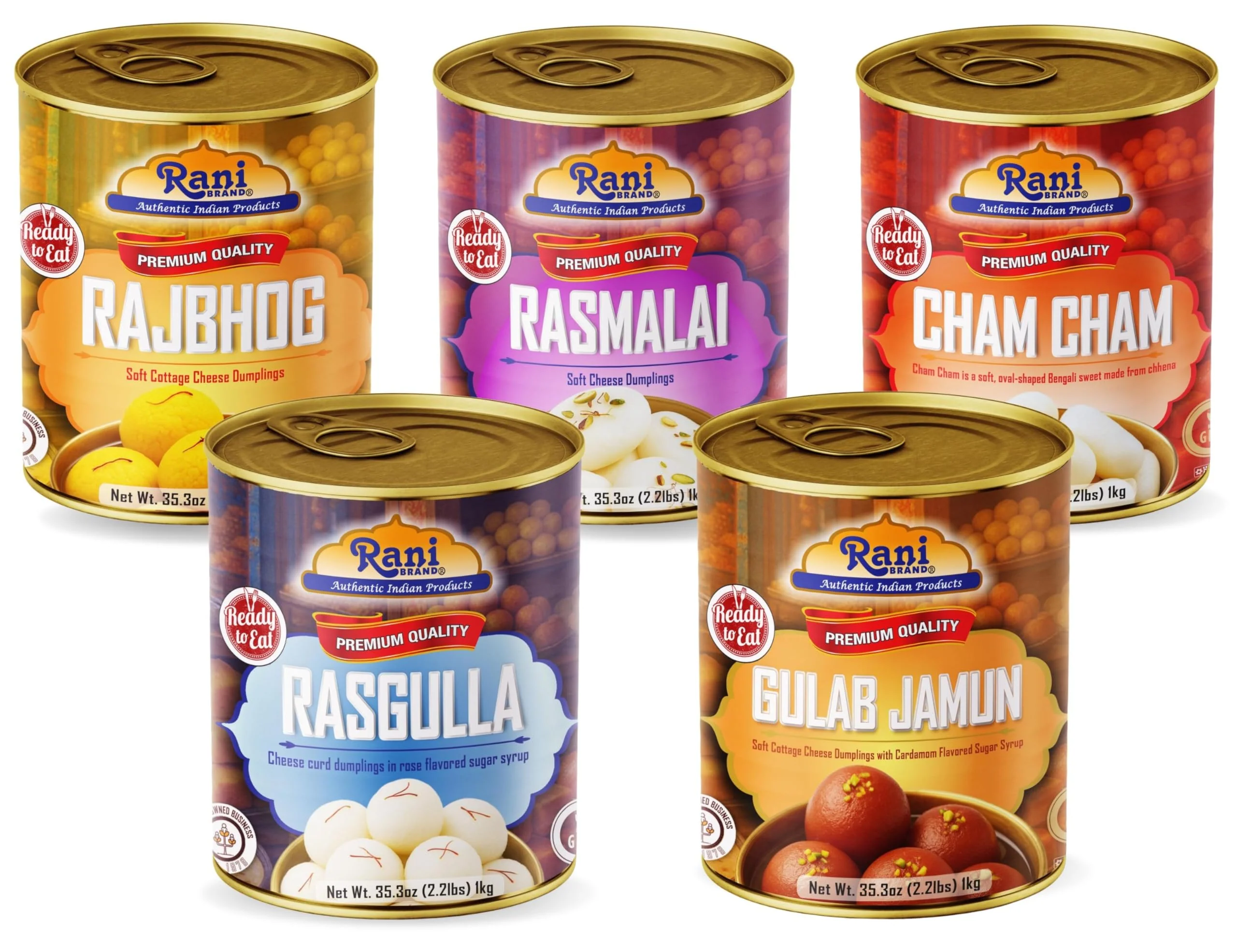 Rani Gulab Jamun Round, Rasgulla, Cham Cham, Rasmalai, RajBhog 35.3oz (2.2lbs) 1kg each, Combo Set of 4, Approximately 14 pieces, Easy Open Lid Can ~ Ready to eat | Non-GMO | Kosher | Indian Origin - Image 2