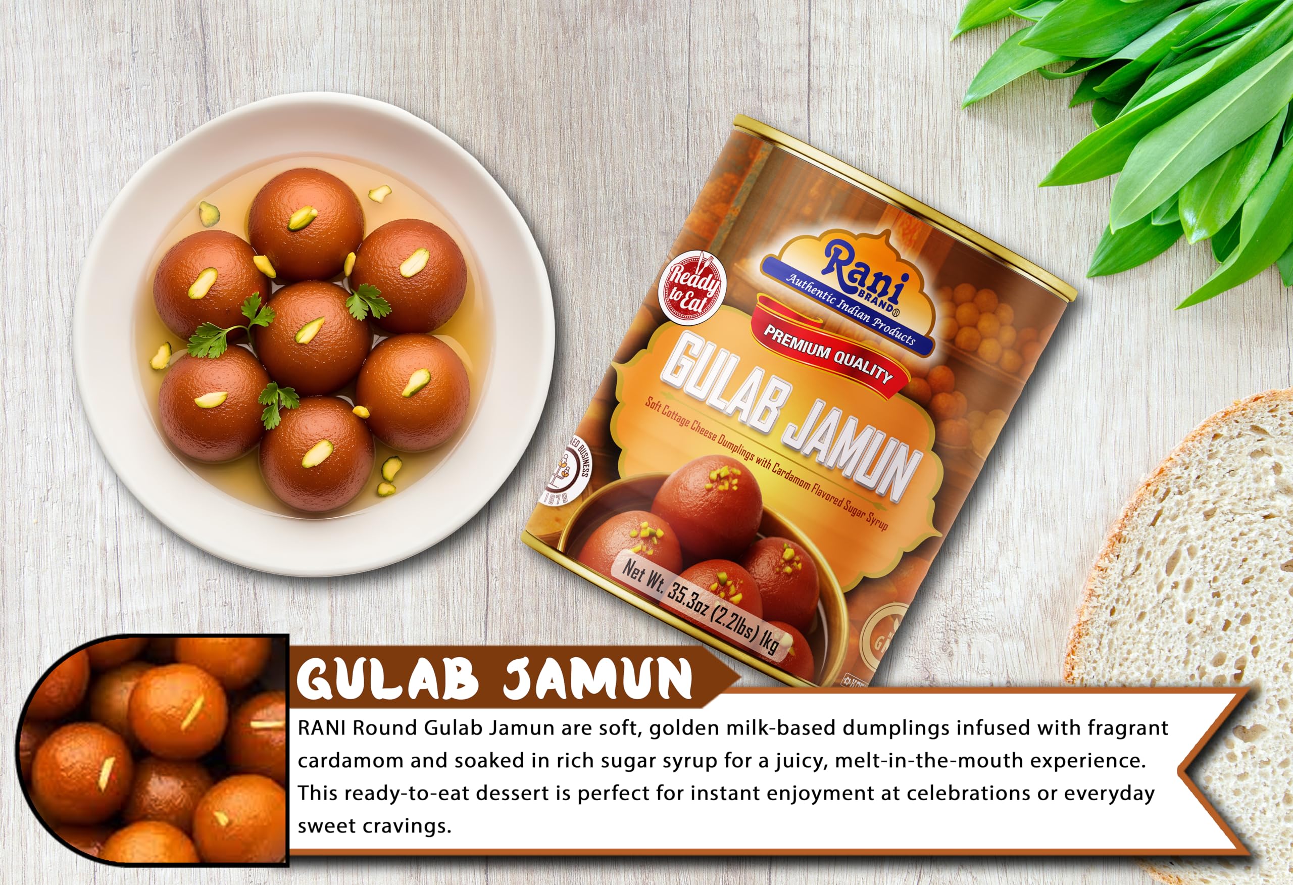 Rani Gulab Jamun Round (w/ Cardamom Flavored Sugar Syrup) 35.3oz (2.2lbs) 1kg, Pack of 2, Approximately 14 pieces, Easy Open Lid ~ Ready to eat | Vegan | Non-GMO | Kosher | Indian Origin - Image 6