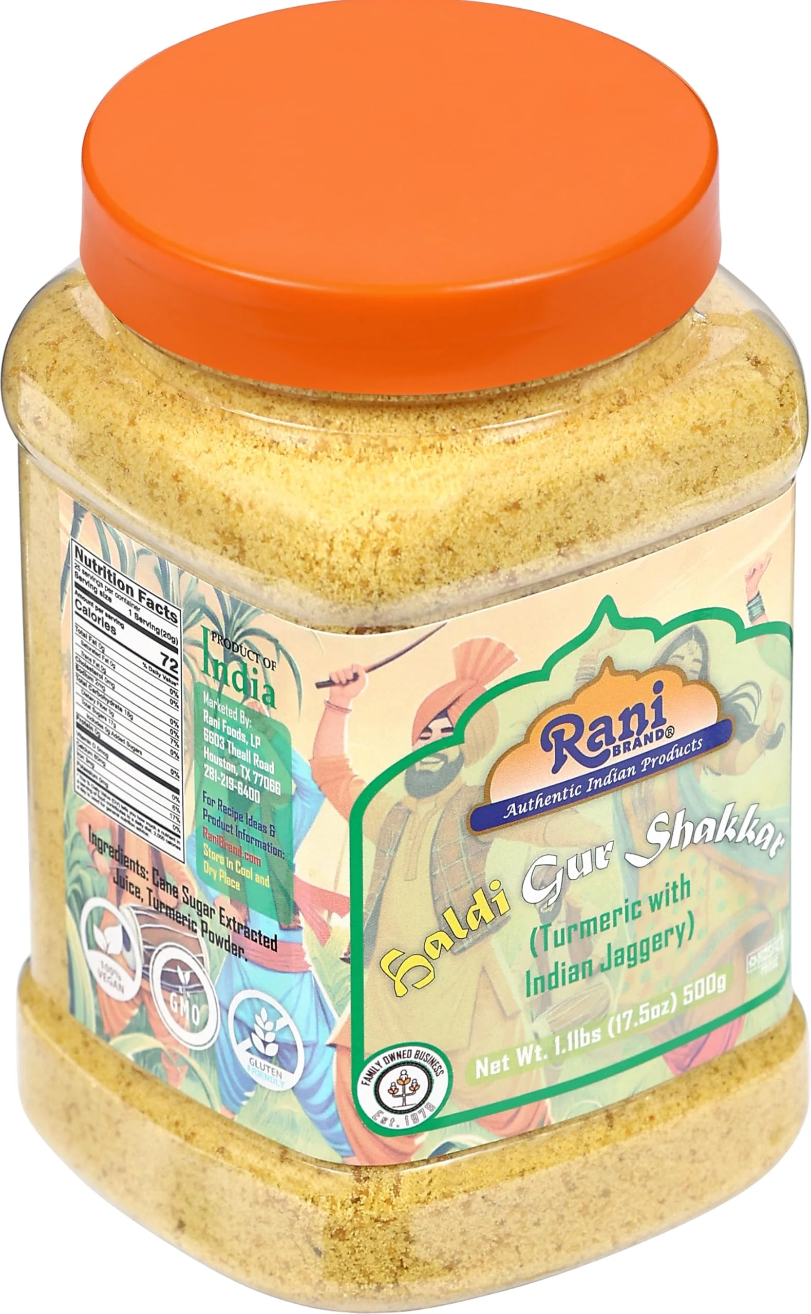 Rani Haldi Gur Shakkar (Turmeric with Indian Jaggery) Indian Unrefined Raw Cane Sugar 17.5oz (1.1lbs) 500g PET Jar ~ Gluten Friendly | Vegan | NON-GMO | Kosher | No Salt or fillers | Indian Product - Image 10