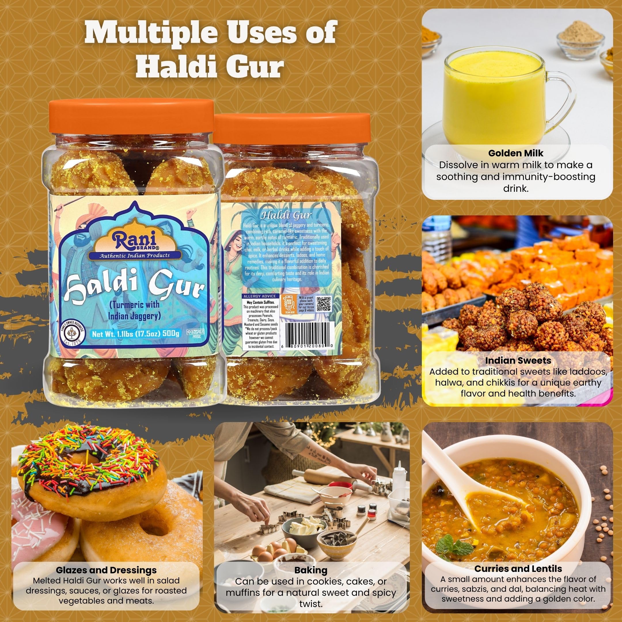 Rani Haldi Gur (Turmeric with Indian Jaggery) Indian Unrefined Raw Cane Sugar 17.5oz (1.1lbs) 500g PET Jar ~ Gluten Friendly | Vegan | NON-GMO | Kosher | No Salt or fillers | Indian Product - Image 2