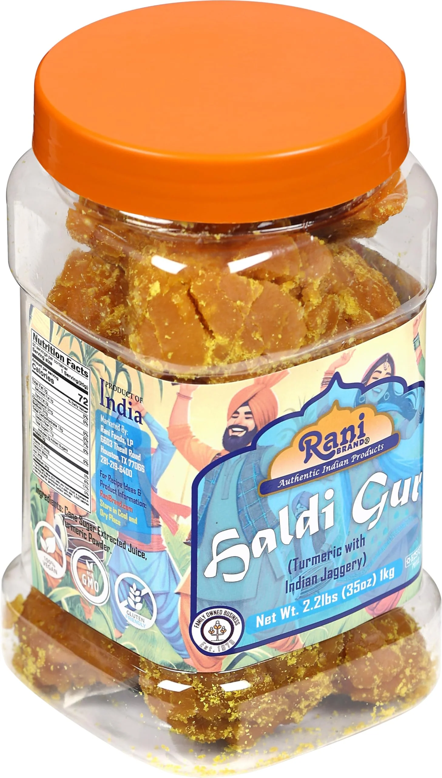 Rani Haldi Gur (Turmeric with Indian Jaggery) Indian Unrefined Raw Cane Sugar 35oz (2.2lbs) 1kg PET Jar ~ Gluten Friendly | Vegan | NON-GMO | Kosher | No Salt or fillers | Indian Product - Image 10