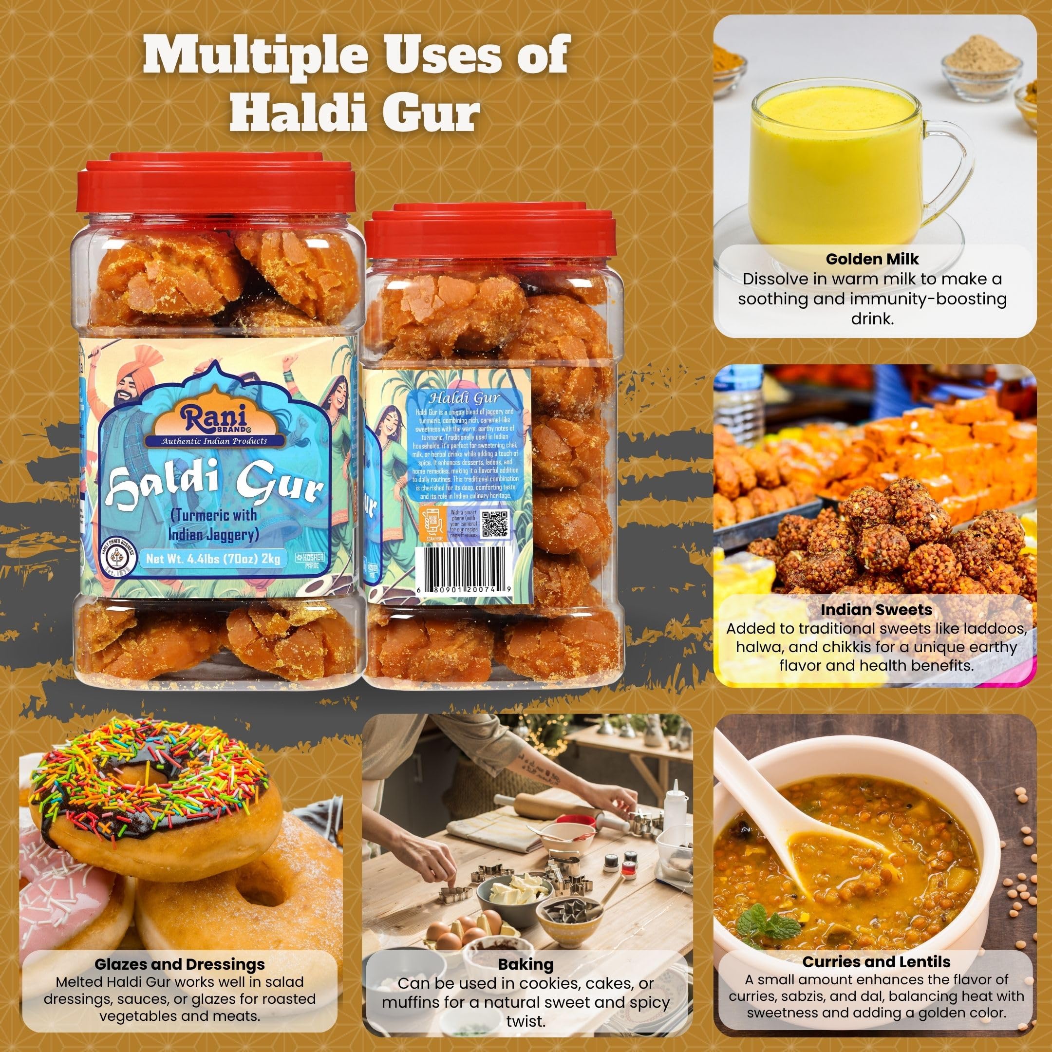 Rani Haldi Gur (Turmeric with Indian Jaggery) Indian Unrefined Raw Cane Sugar 70oz (4.4lbs) 2kg PET Jar ~ Gluten Friendly | Vegan | NON-GMO | Kosher | No Salt or fillers | Indian Product - Image 2