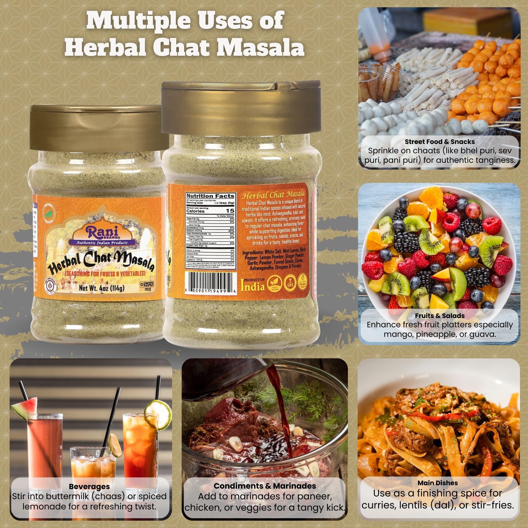 Rani Herbal Chat Masala (Seasoning for Fruits & Vegetable) Tangy Indian Seasoning 4oz (113g) PET Jar ~ All Natural | No MSG | Vegan | No Colors | Gluten Friendly | NON-GMO | Kosher | Indian Origin - Image 2