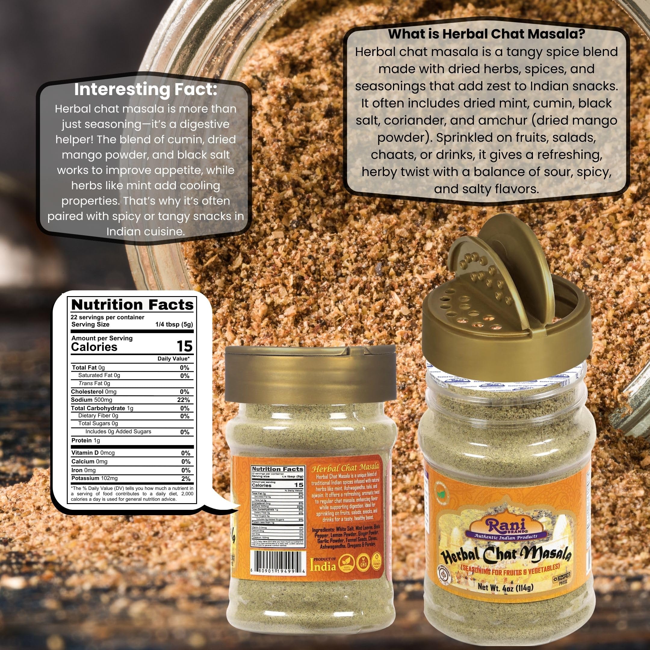 Rani Herbal Chat Masala (Seasoning for Fruits & Vegetable) Tangy Indian Seasoning 4oz (113g) PET Jar ~ All Natural | No MSG | Vegan | No Colors | Gluten Friendly | NON-GMO | Kosher | Indian Origin - Image 3