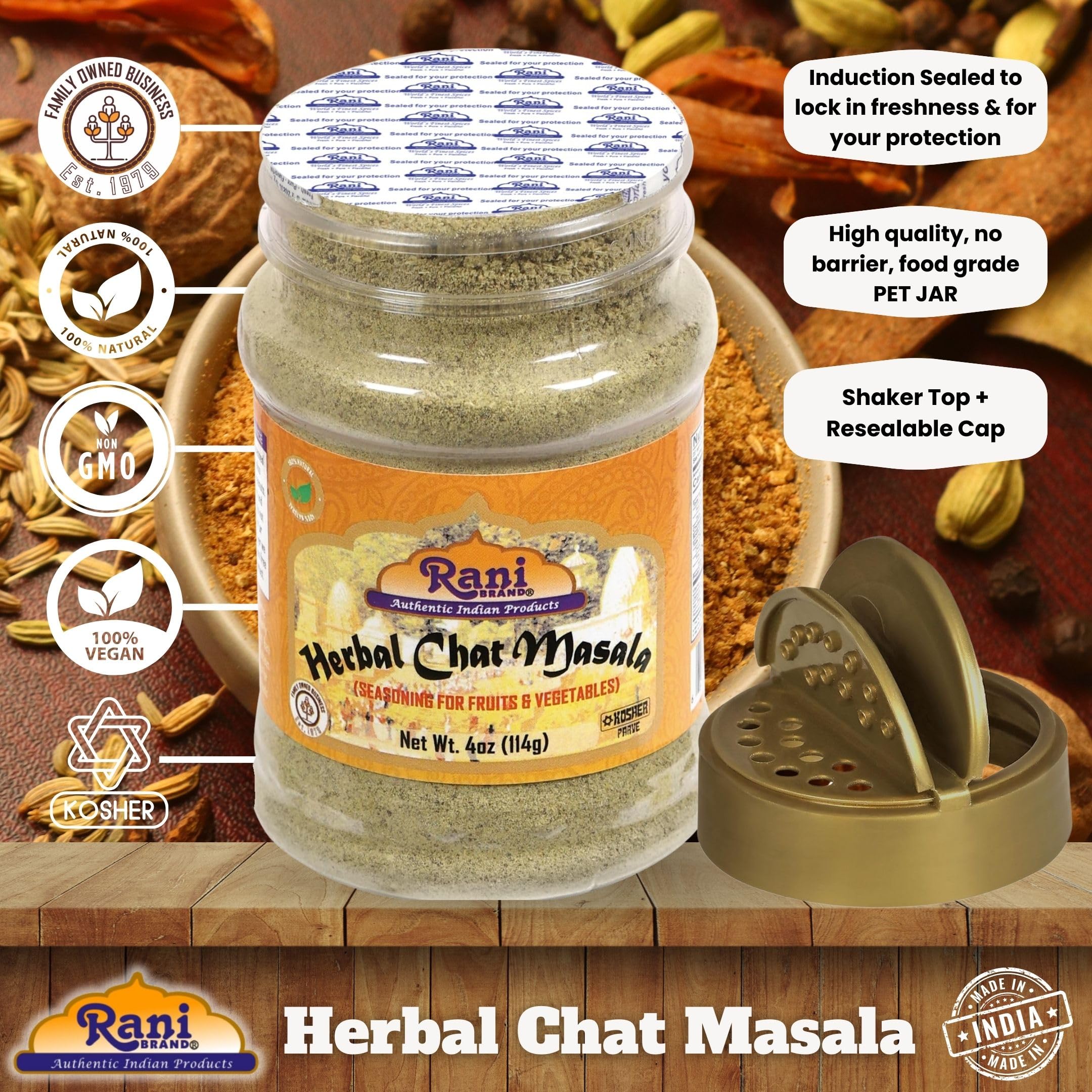 Rani Herbal Chat Masala (Seasoning for Fruits & Vegetable) Tangy Indian Seasoning 4oz (113g) PET Jar ~ All Natural | No MSG | Vegan | No Colors | Gluten Friendly | NON-GMO | Kosher | Indian Origin - Image 4