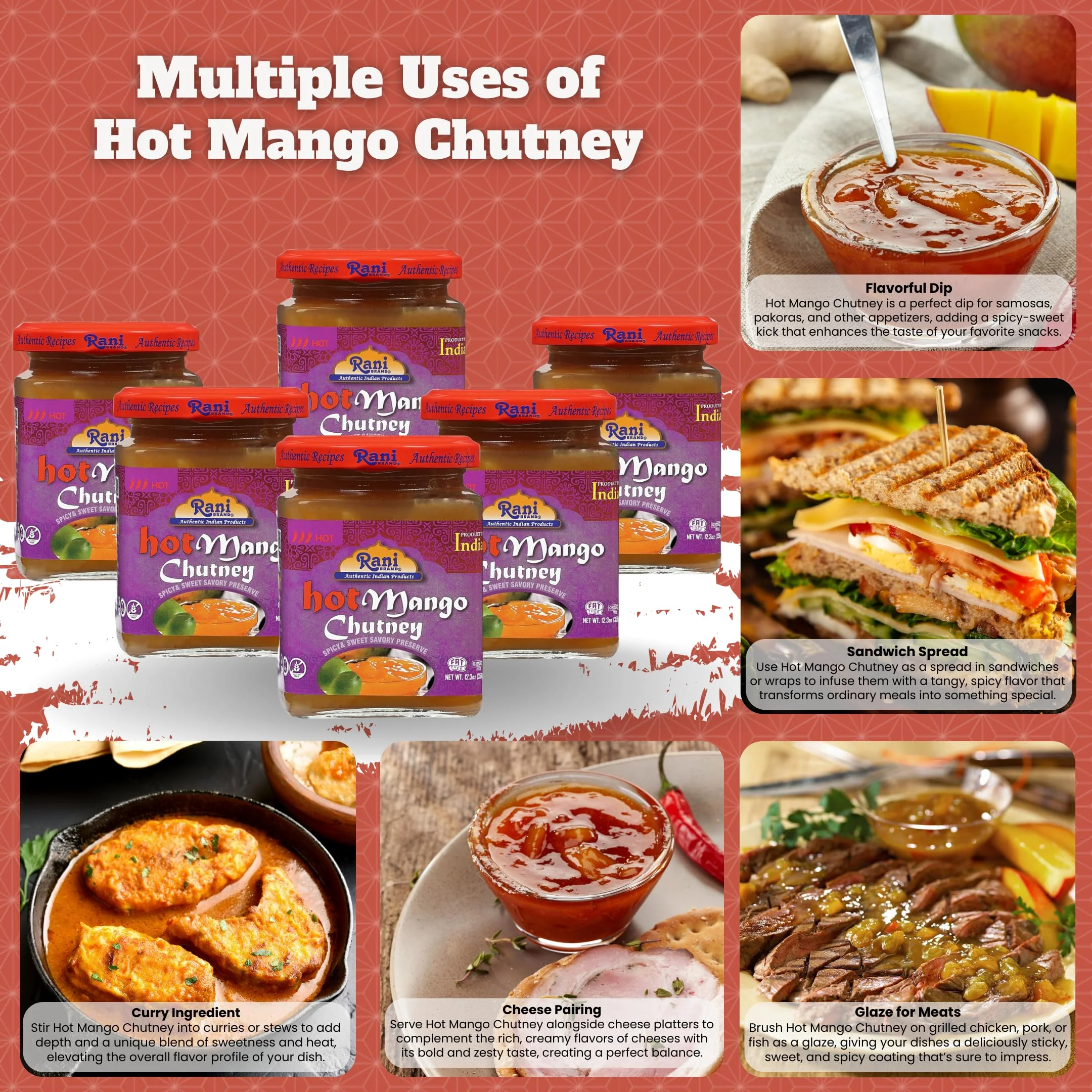 Rani Hot Mango Chutney (Spicy Indian Preserve) 12.5oz (350g) Glass Jar, Ready to eat, Vegan, Pack of 5+1 FREE ~ Gluten Free, All Natural, NON-GMO | Kosher - Image 2
