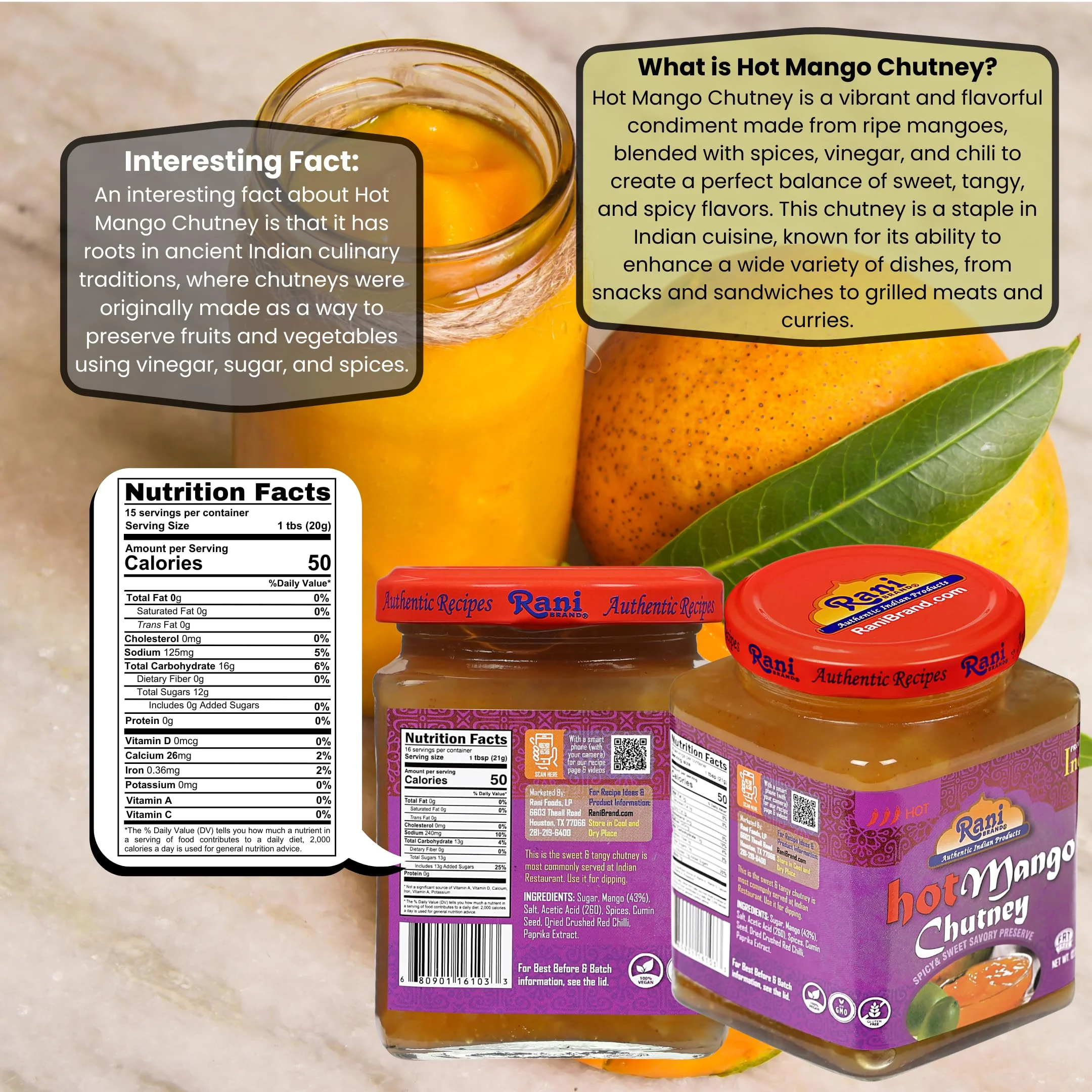 Rani Hot Mango Chutney (Spicy Indian Preserve) 12.5oz (350g) Glass Jar, Ready to eat, Vegan, Pack of 5+1 FREE ~ Gluten Free, All Natural, NON-GMO | Kosher - Image 3