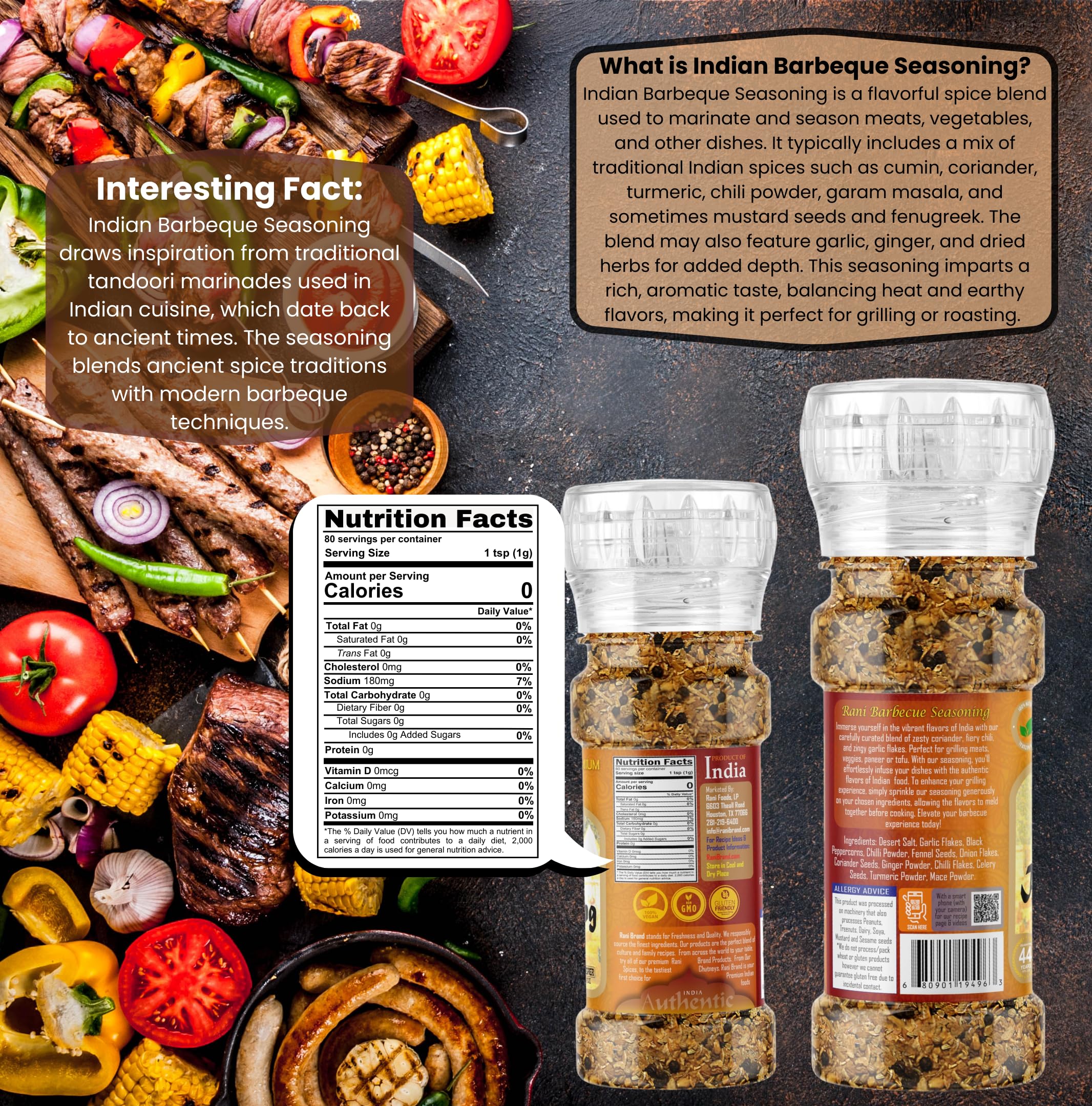 Rani Indian Barbeque Seasoning (11-Spice Blend) 2.5oz (70g) Grinder Bottle ~ All Natural | Salt-Free | Vegan | No Colors | Gluten Friendly | NON-GMO | Kosher | Indian Origin - Image 3