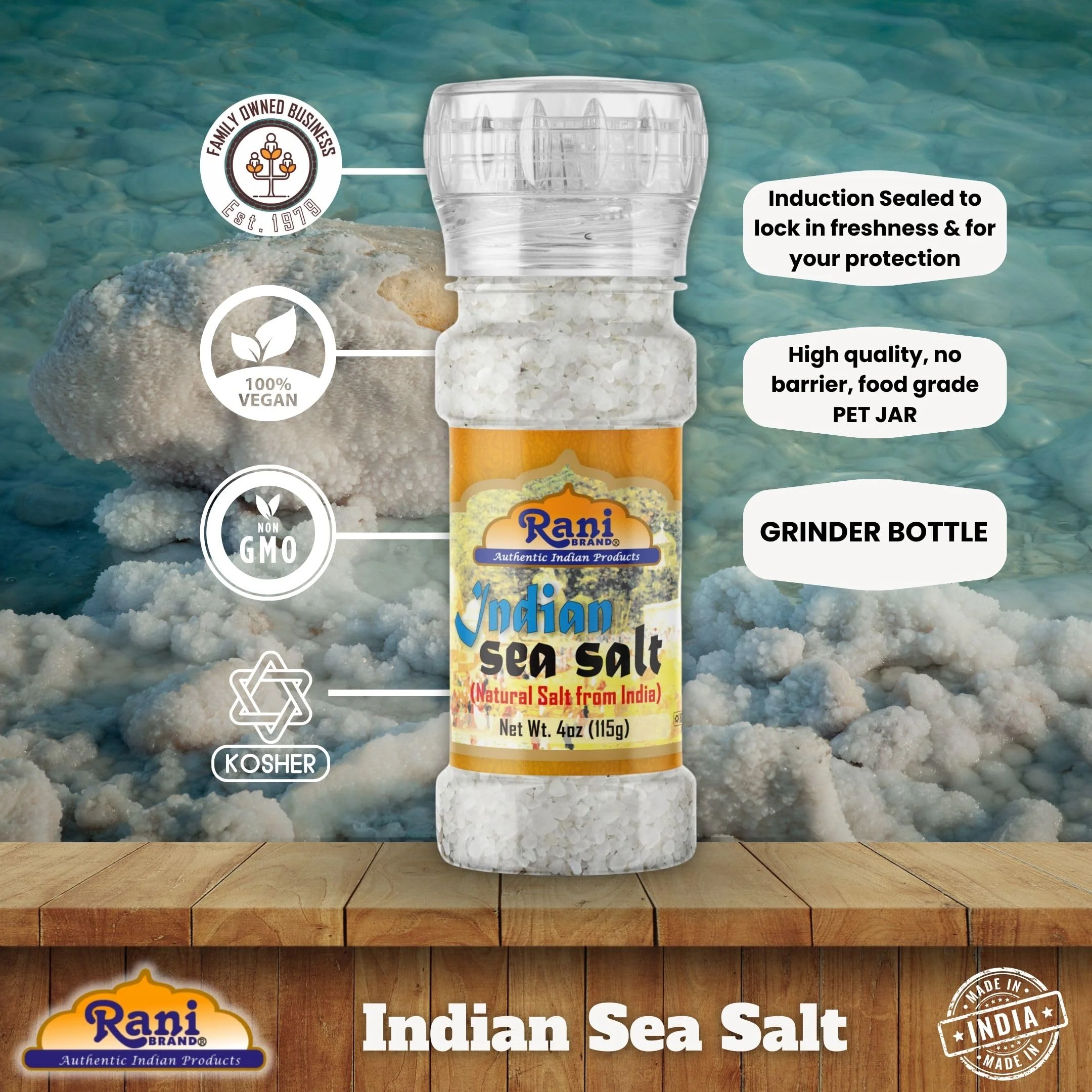 Rani Indian Sea Salt 4oz (115g) Grinder Bottle ~ Unrefined, Pure and Natural | Vegan | Gluten Friendly | NON-GMO | Kosher | Indian Origin - Image 4