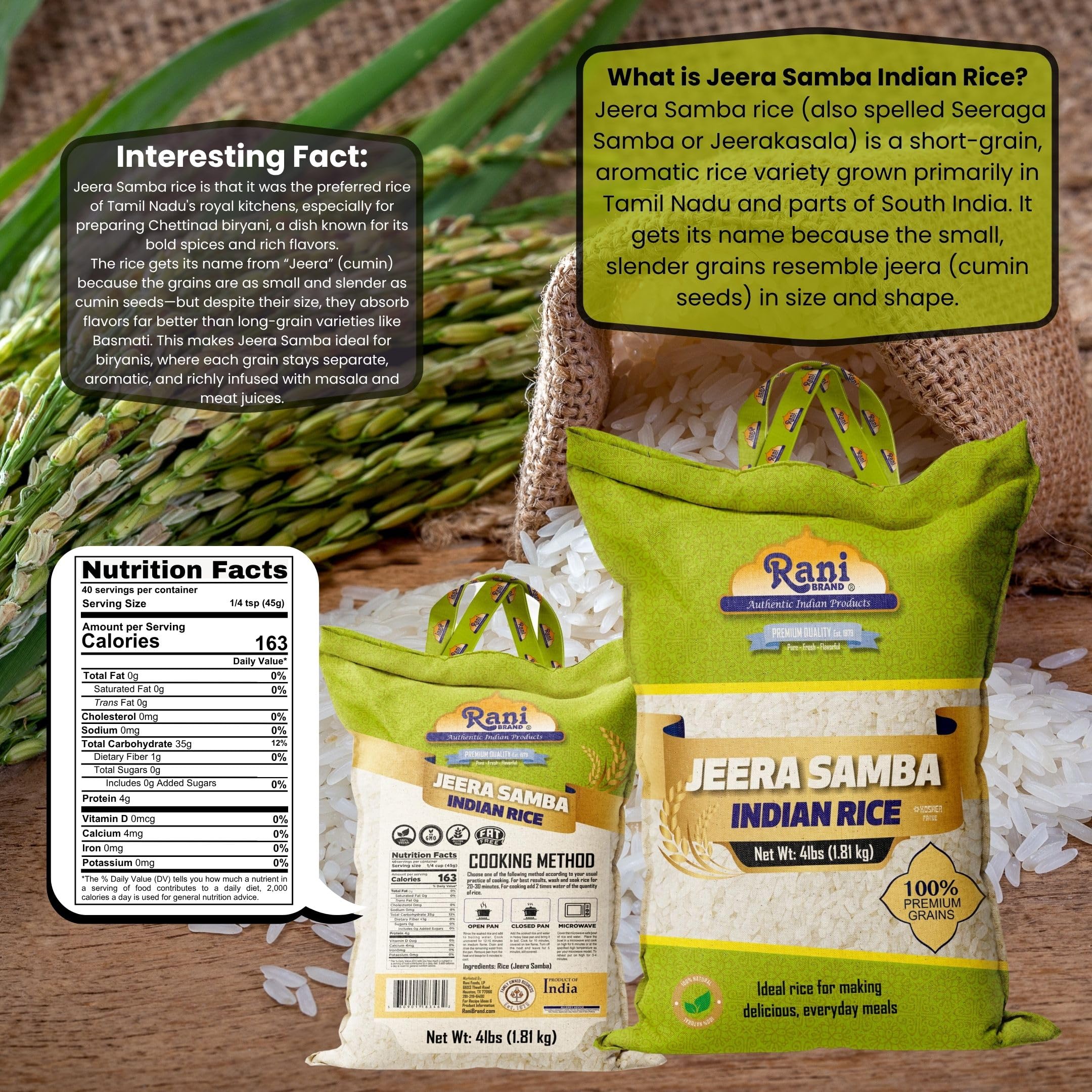 Rani Jeera Samba Indian Rice 64oz (4lbs) 1.81kg Cloth Bag ~ All Natural | Gluten Friendly | Vegan | Kosher | Export Quality | Indian Origin - Image 3