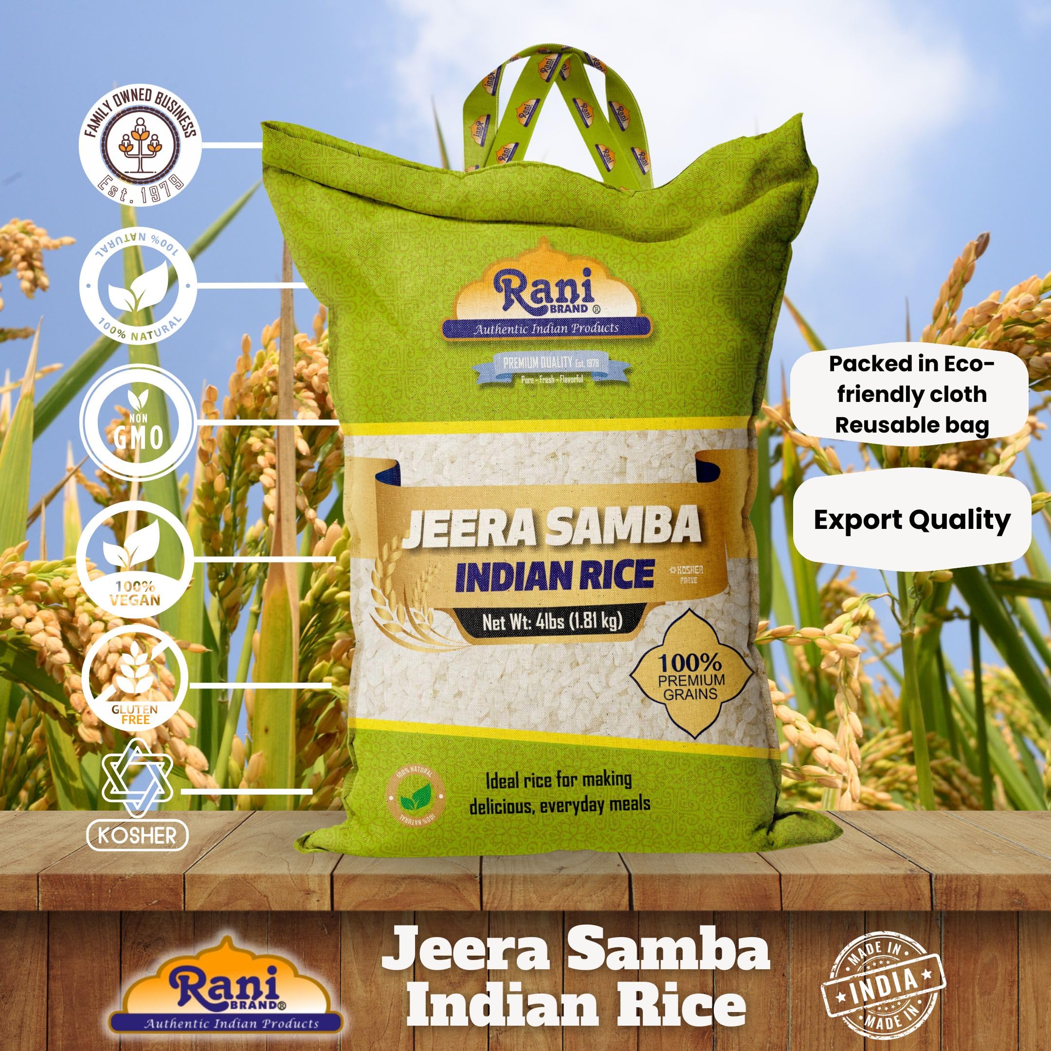 Rani Jeera Samba Indian Rice 64oz (4lbs) 1.81kg Cloth Bag ~ All Natural | Gluten Friendly | Vegan | Kosher | Export Quality | Indian Origin - Image 4